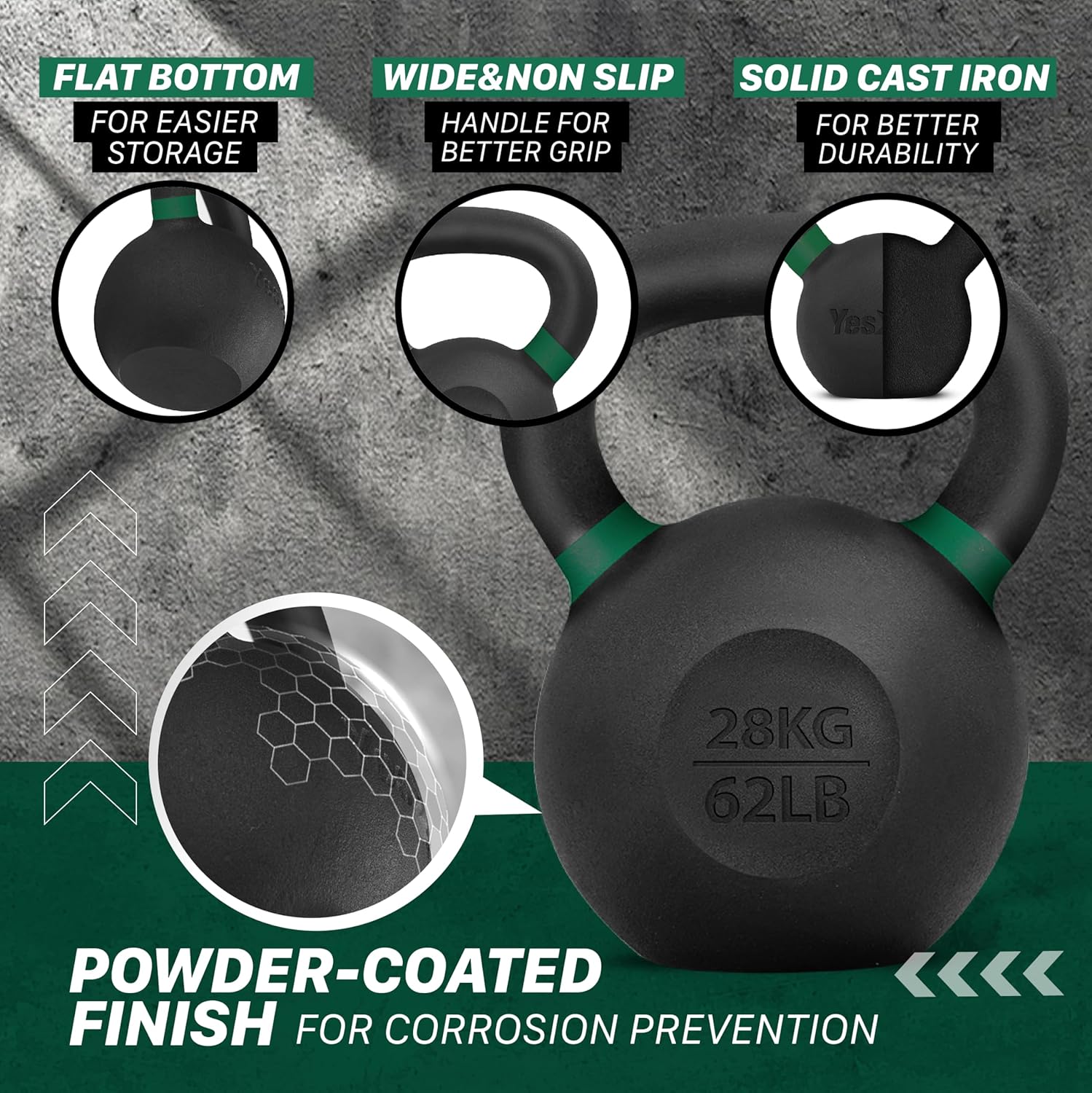 Yes4All 62 Pound Kettlebell, Single Powder Coated Cast Iron Weight, Mint Green - VMInnovations