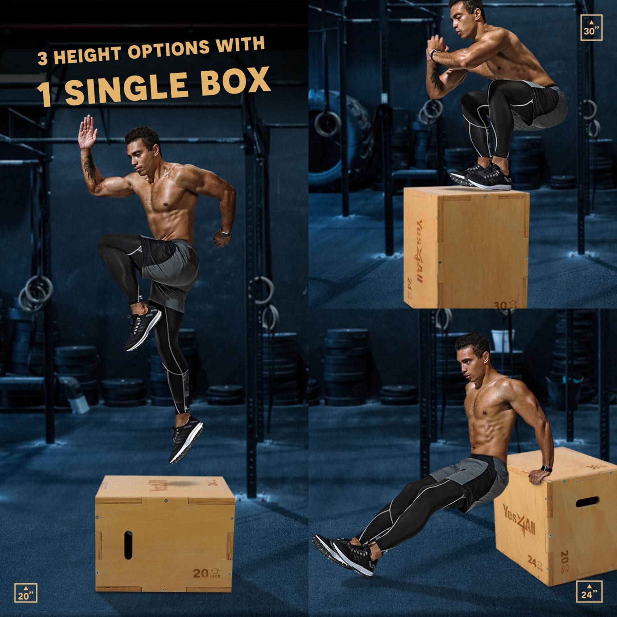 Yes4All 3-in-1 Non-Slip Wooden Plyo Box with Side Handles (Open Box) - VMInnovations