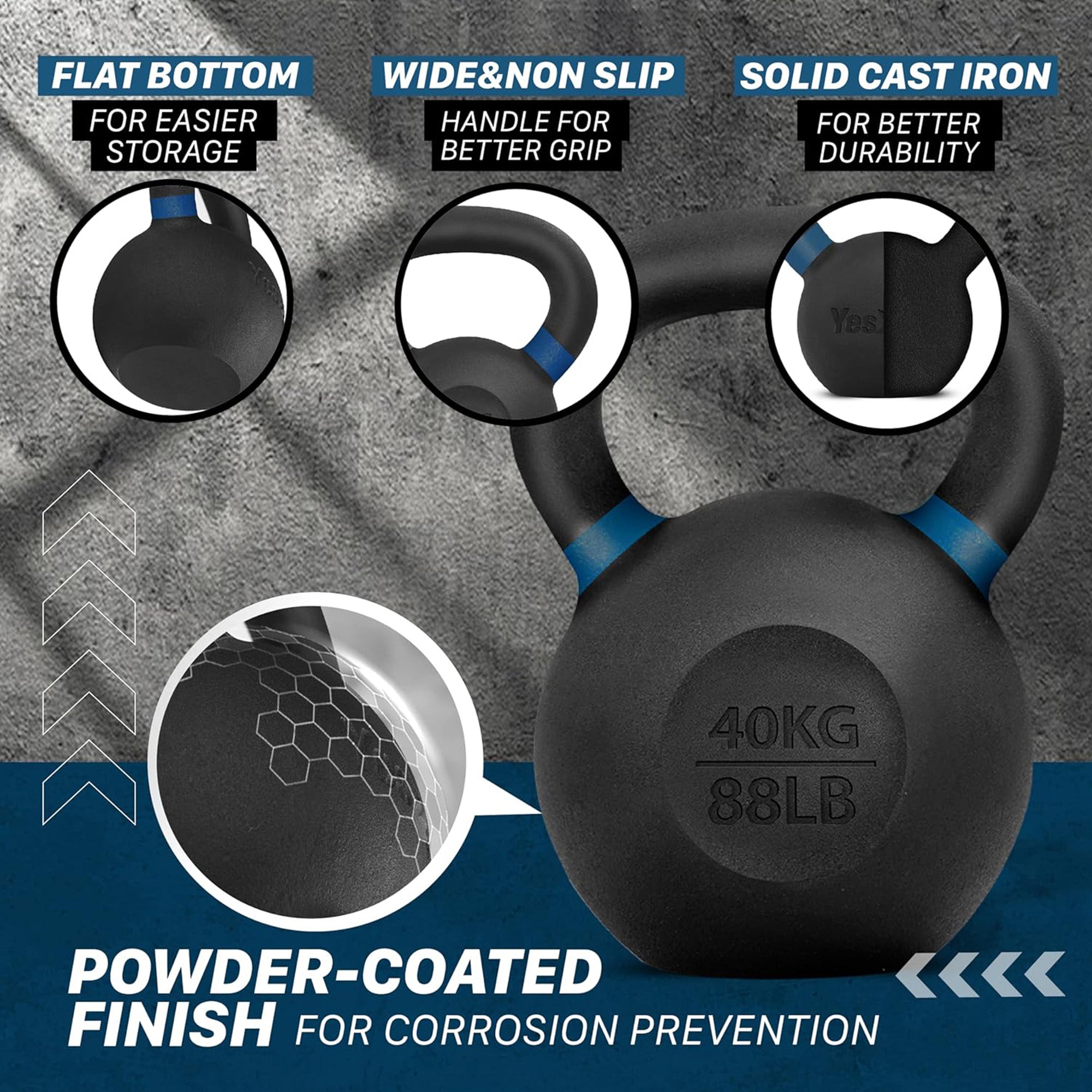 Yes4All 88 Pound Kettlebell, Single Powder Coated Cast Iron Weight, Deep Blue - VMInnovations