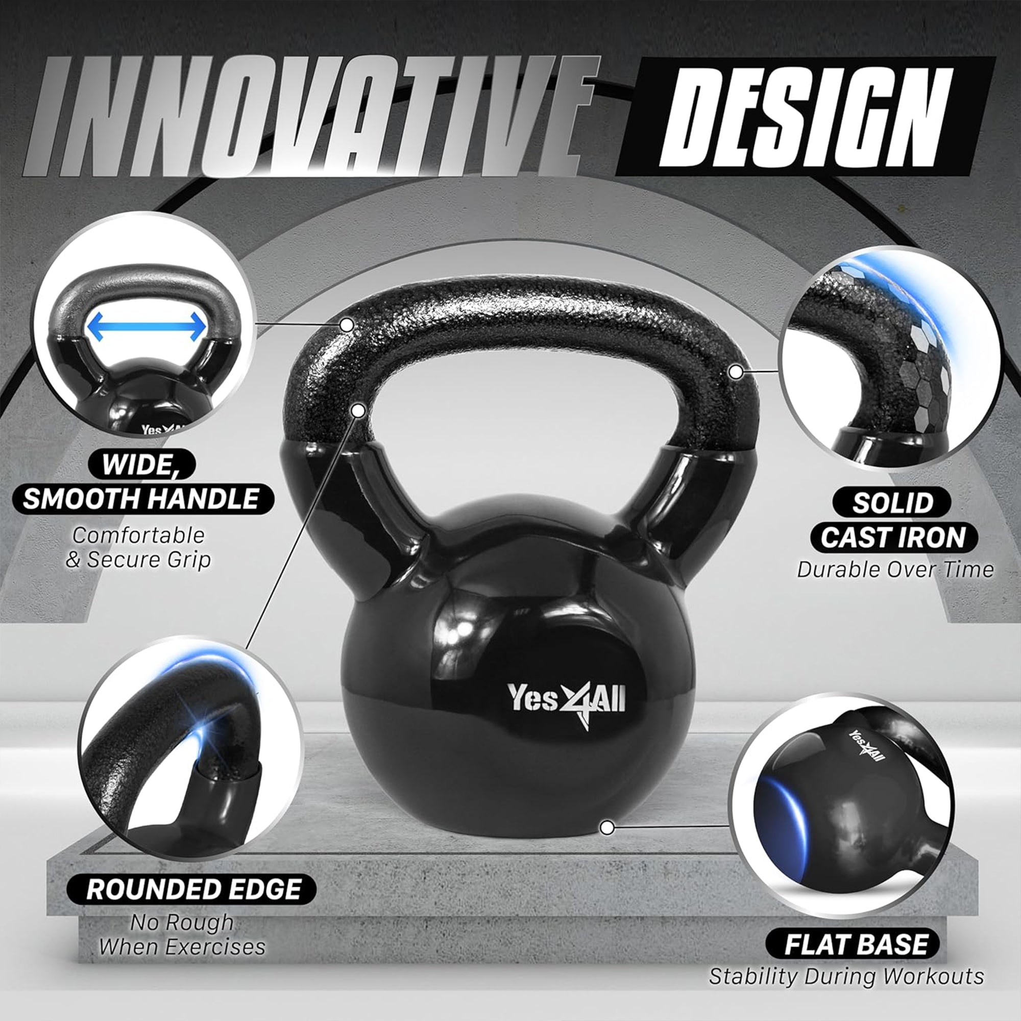 Yes4All 5, 10, 15, 20, 25, & 30lb Kettlebell Set, Vinyl Coated Cast Iron, Black - VMInnovations