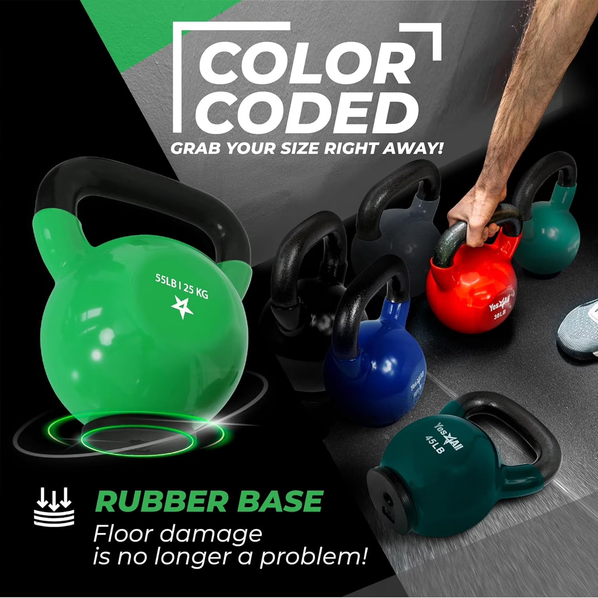 Yes4All 55 Pound Kettlebell, Vinyl Coated Cast Iron Weight w/Rubber Base, Green - VMInnovations