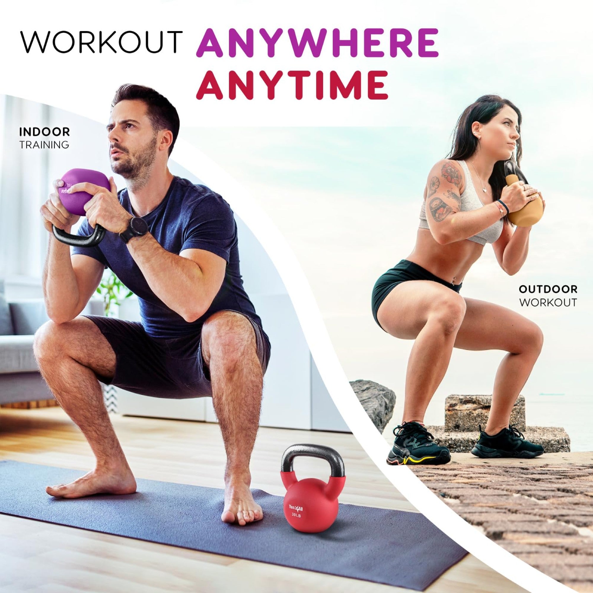 Yes4All 30 Pound Kettlebells, 1 Pair Neoprene Coated Cast Iron Weights, Red - VMInnovations