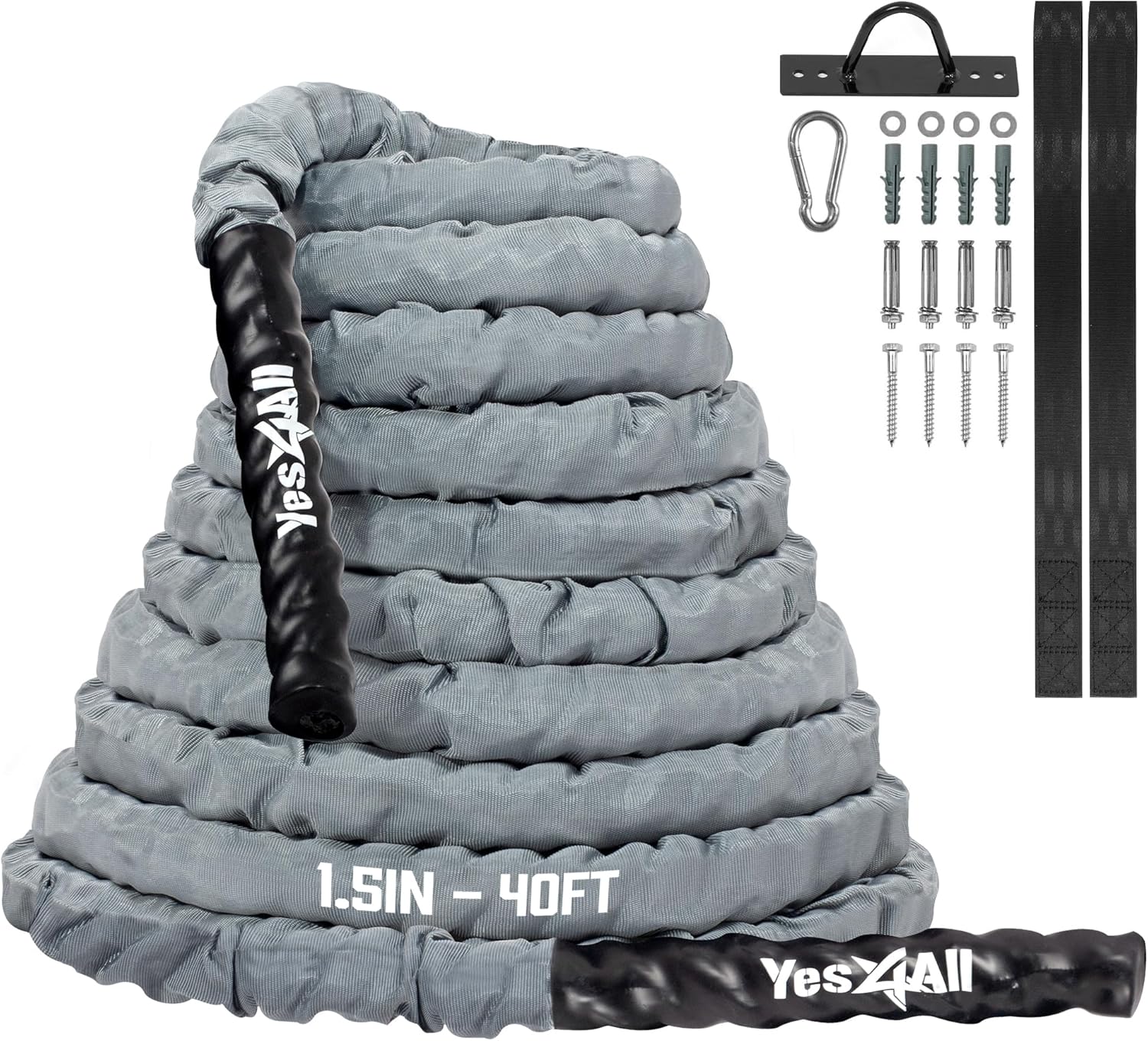 Yes4All Battle Ropes with Cover, 1.5"D Workout Rope with Anchor Kit, 40 Ft, Grey - VMInnovations