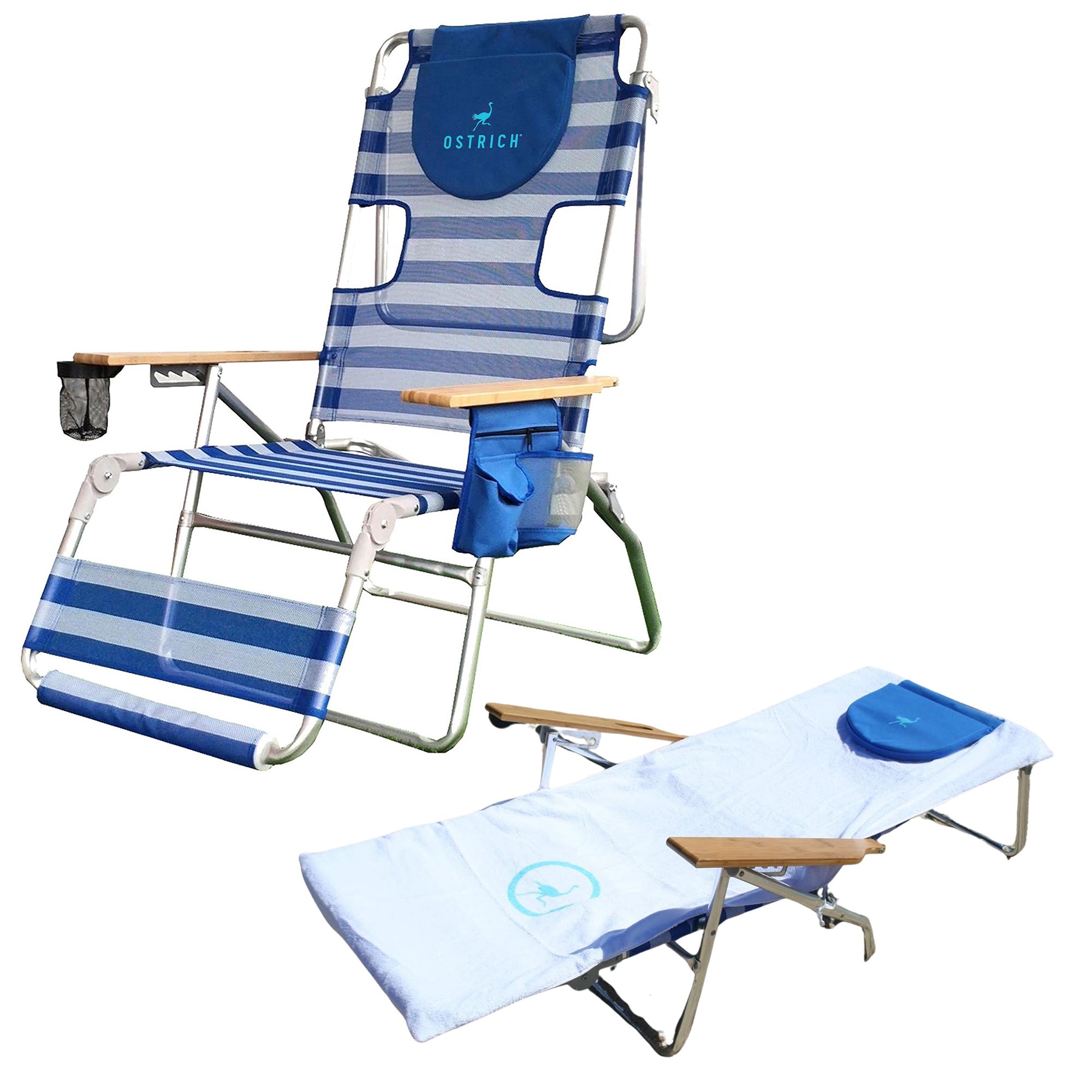 Ostrich Altitude 3N1 High Back Outdoor Lounge Chair, Stripe & Custom Fitted Towel