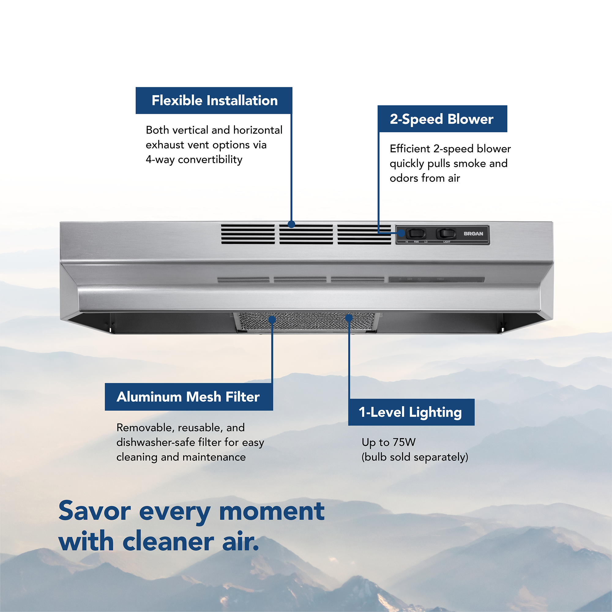 Broan-NuTone Convertible Range Hood, 24 Inch, 230 Max CFM, PrintGuard Stainless - VMInnovations