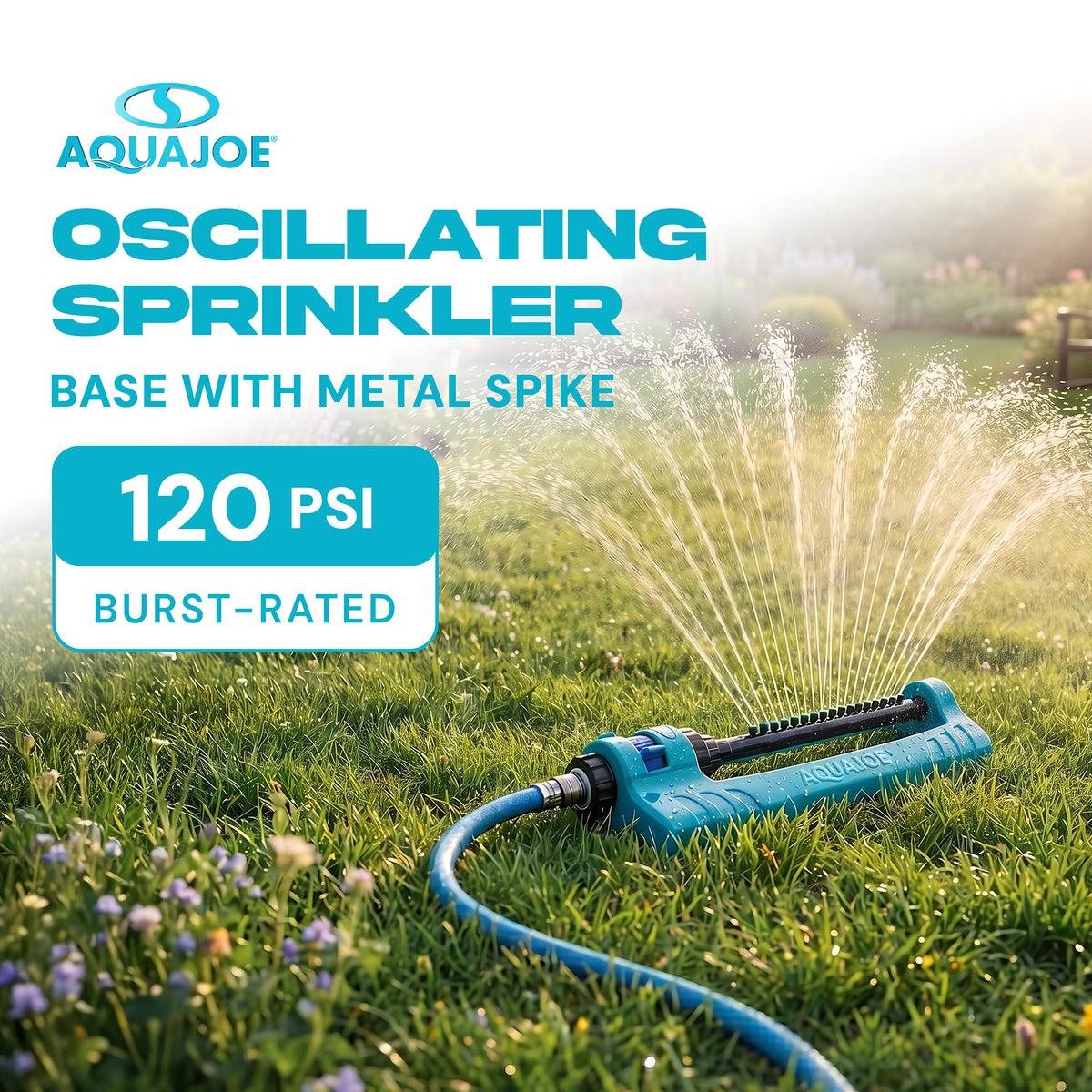 Aqua Joe Oscillating Sprinkler with Adjustable Spray, 20 Clog-Resistant Nozzles, Standard Base w/Metal Ground Spike, 3400 Square Foot Coverage - VMInnovations