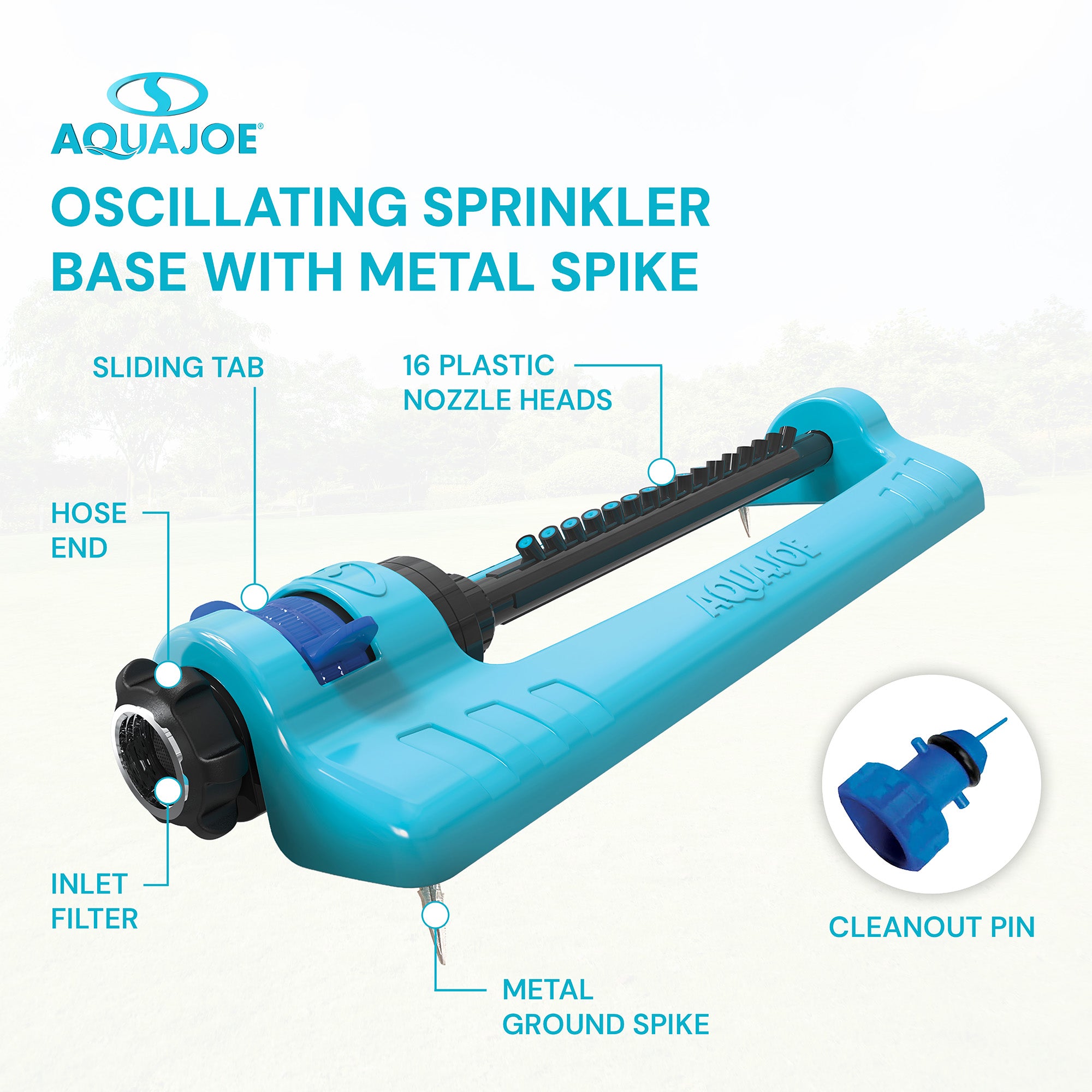 Aqua Joe Oscillating Sprinkler with Adjustable Spray, 20 Clog-Resistant Nozzles, Standard Base w/Metal Ground Spike, 3400 Square Foot Coverage - VMInnovations