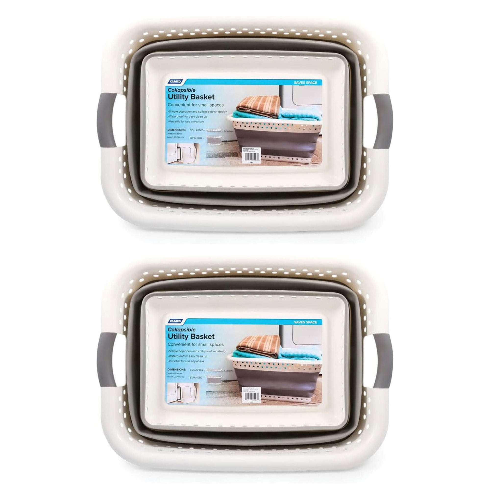 Camco Collapsible Laundry Basket, Plastic Bin with Handles, Large, White, 2 Pack