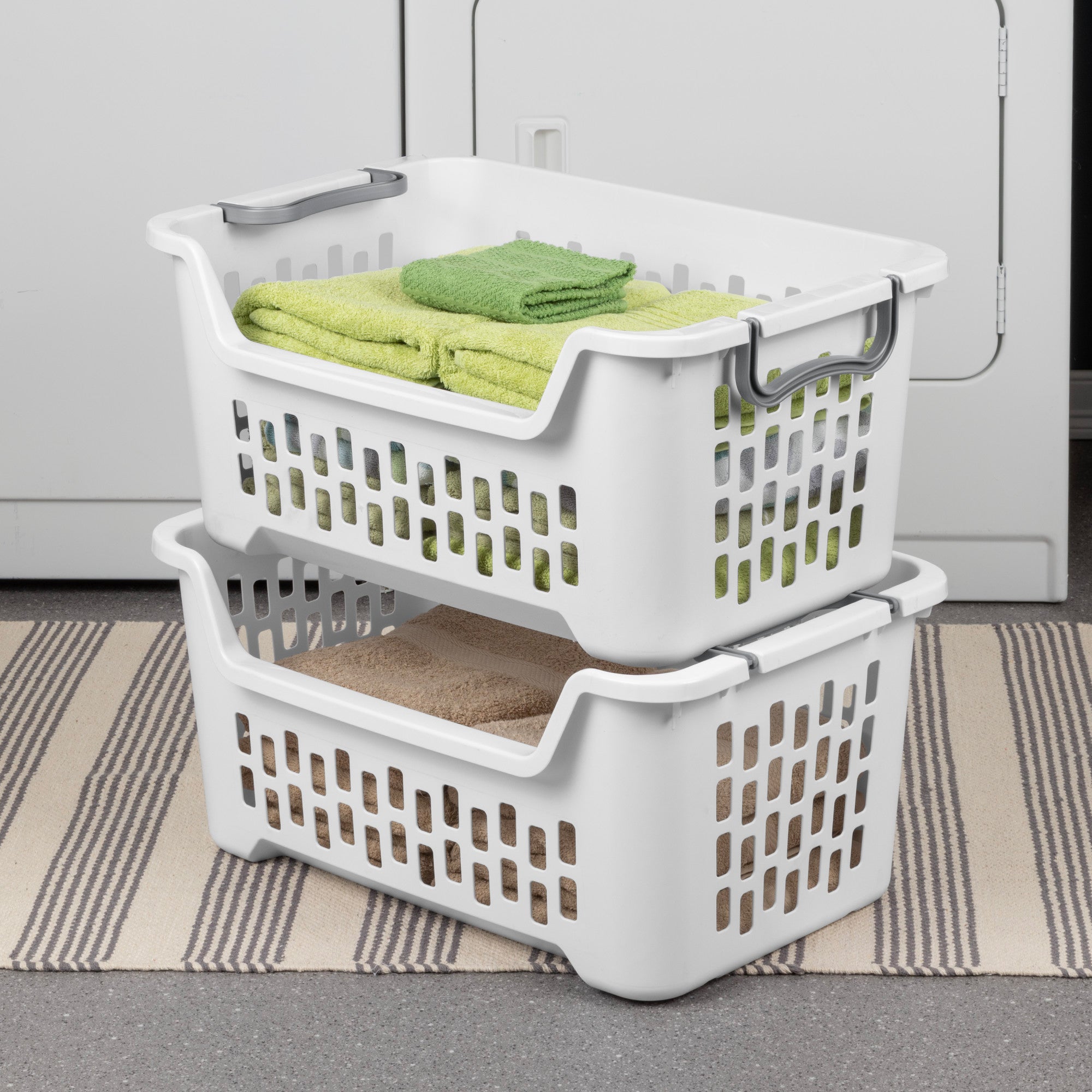 Sterilite Stacking Laundry Basket, 2 Bushel Hamper with Handles, White, 12 Pack