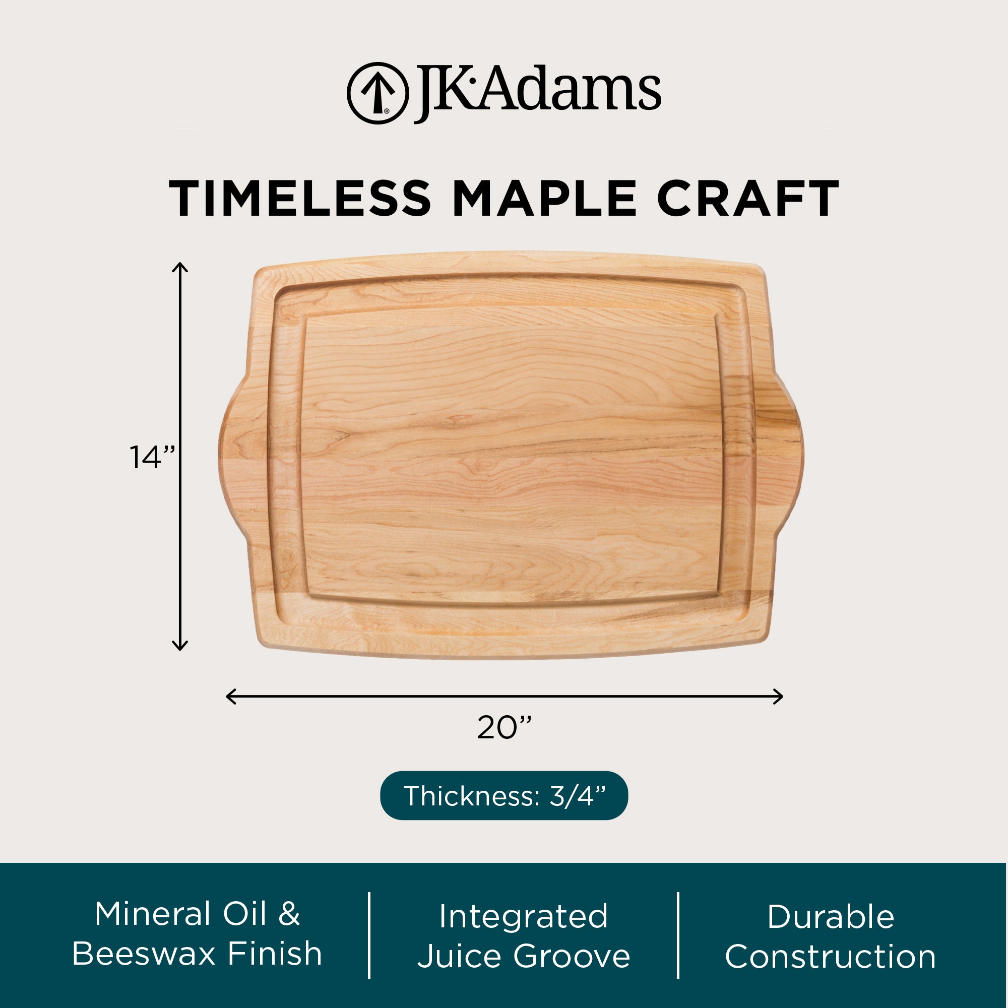 J.K. Adams Farmhouse Maple Carving Cutting Board w/ Handles, 20" x 14" x 0.75"