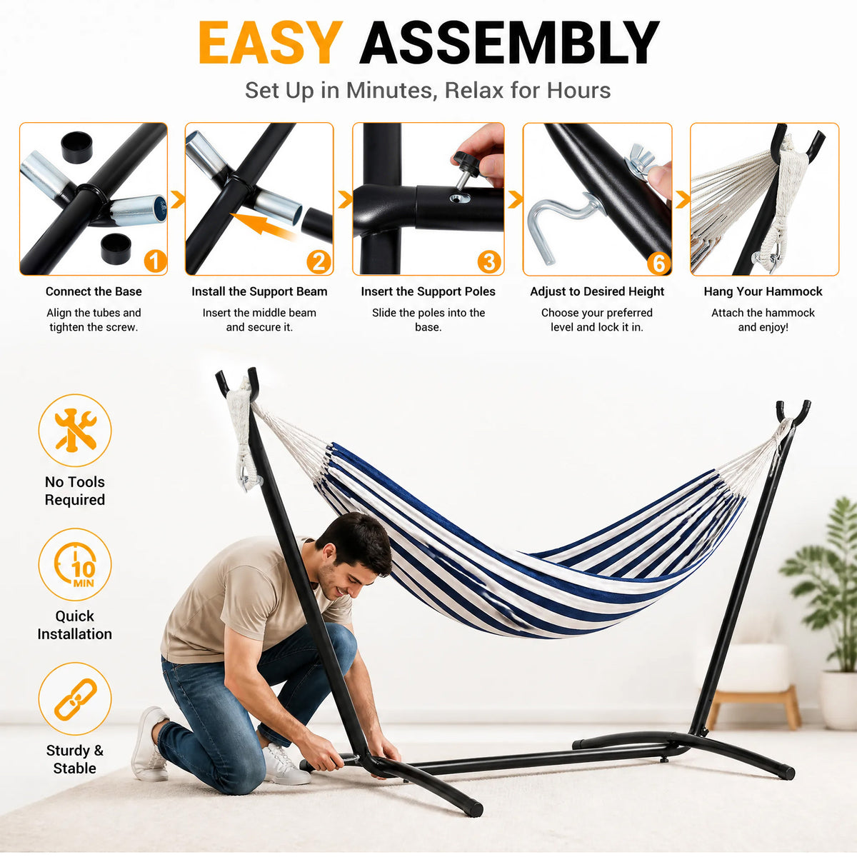 Elevon 9 ft Adjustable Steel Hammock Stand with Rubber Feet, Up to 450 lb, Black