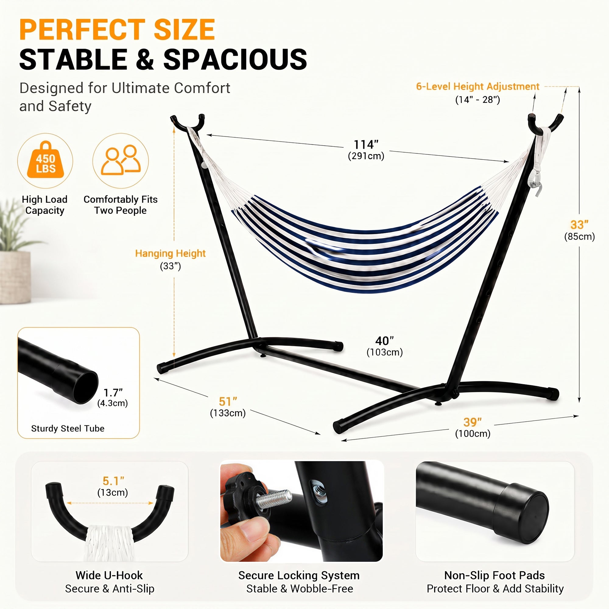 Elevon 9 ft Adjustable Steel Hammock Stand with Rubber Feet, Up to 450 lb, Black