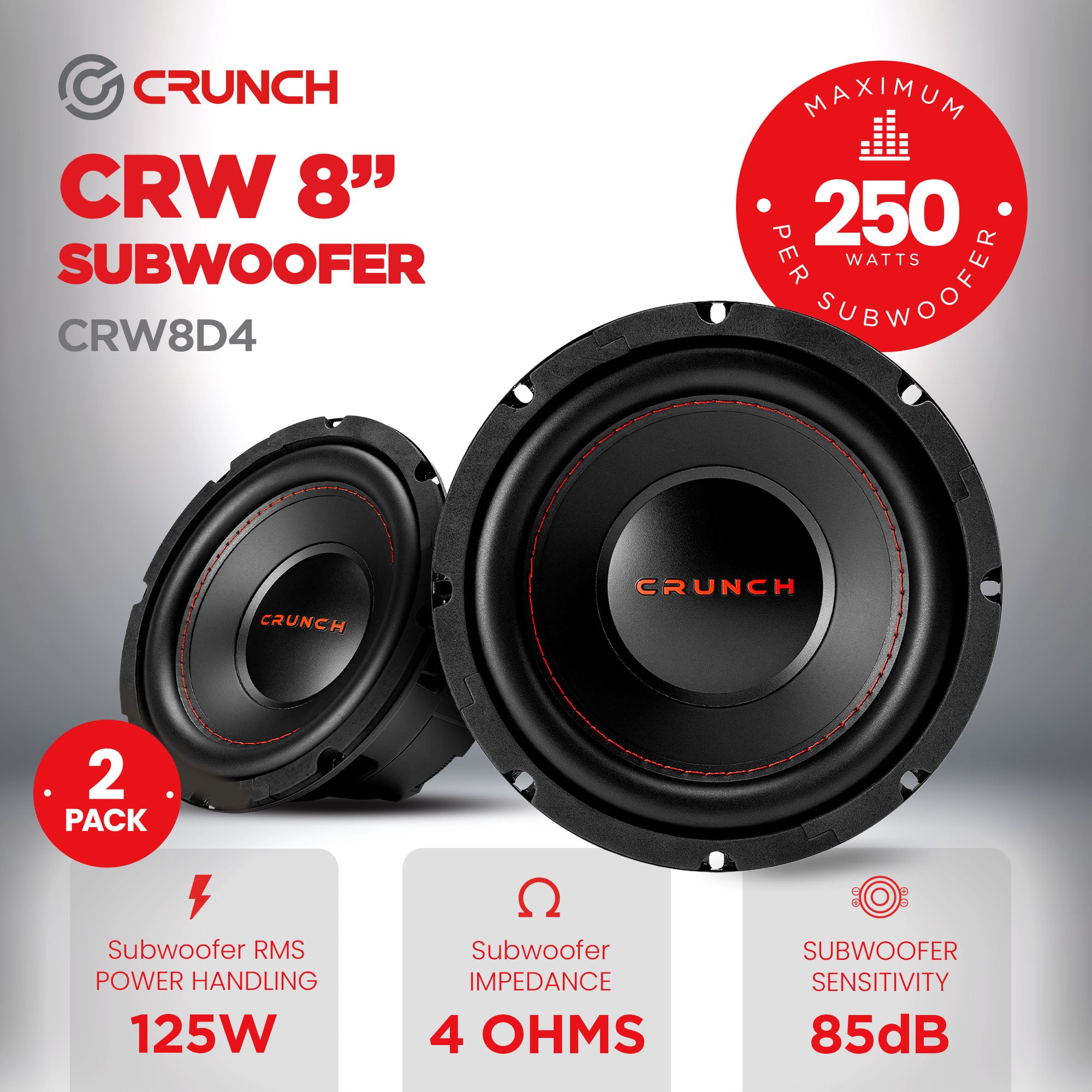 Crunch 2 Pack CRW8D4 8" 250 Watt MAX 4 Ohm Dual Voice Coil Car Subwoofer Speaker