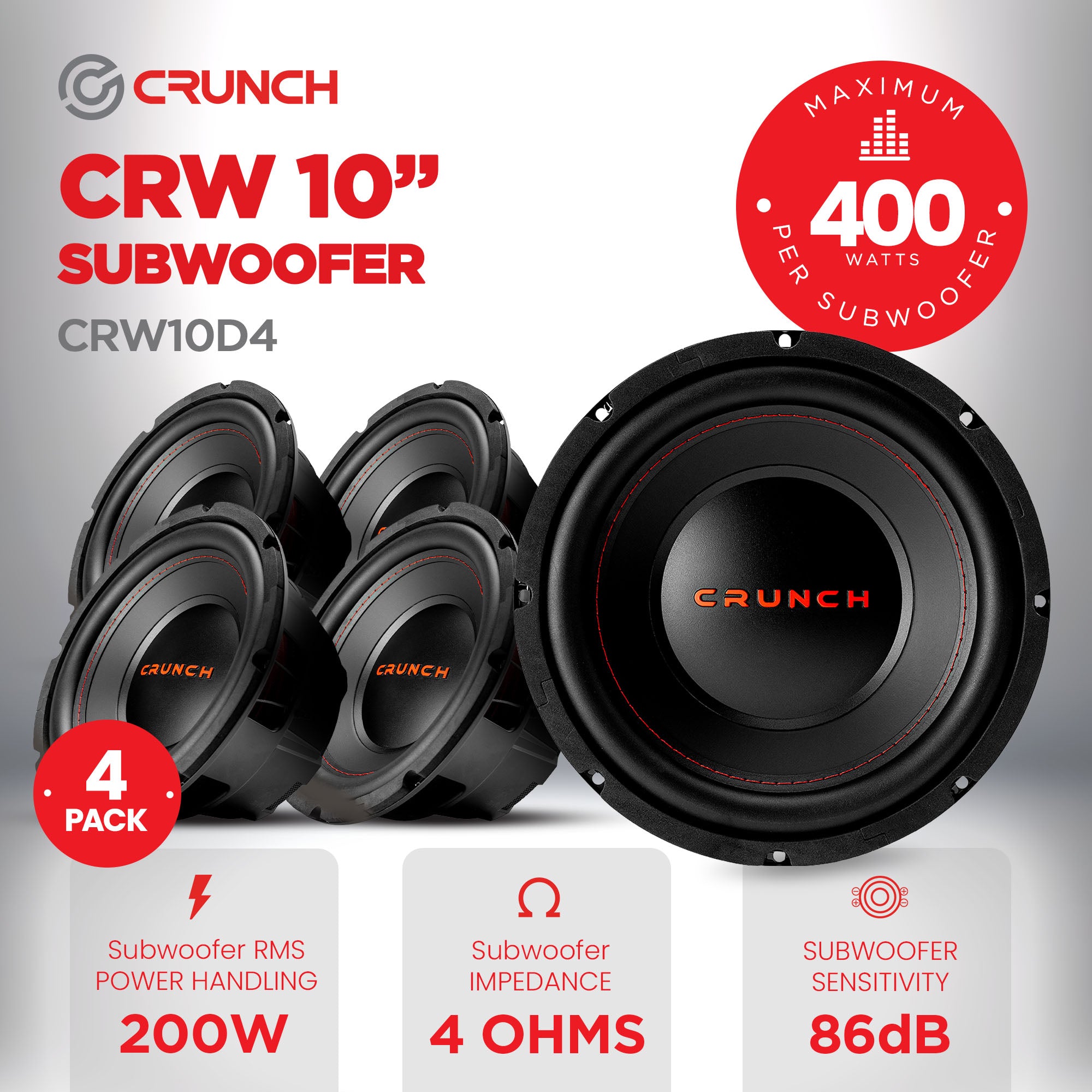 Crunch 4 Pack CRW10D4 10" 400W MAX 4 Ohm Dual Voice Coil Car Subwoofer Speaker