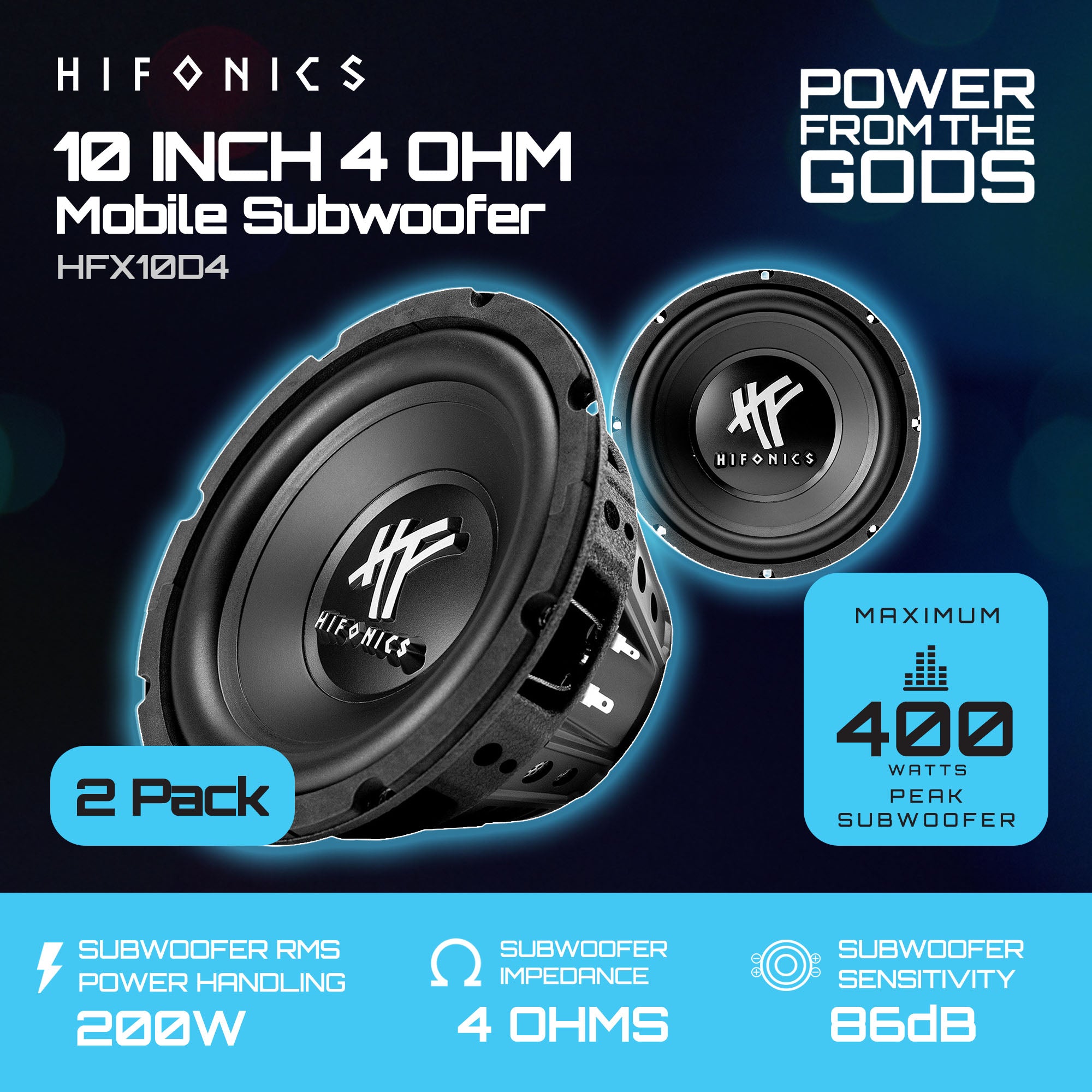 Hifonics 2 Pack 10" Subwoofer, 400 Watt Max 200W RMS Car & Powersports Speaker