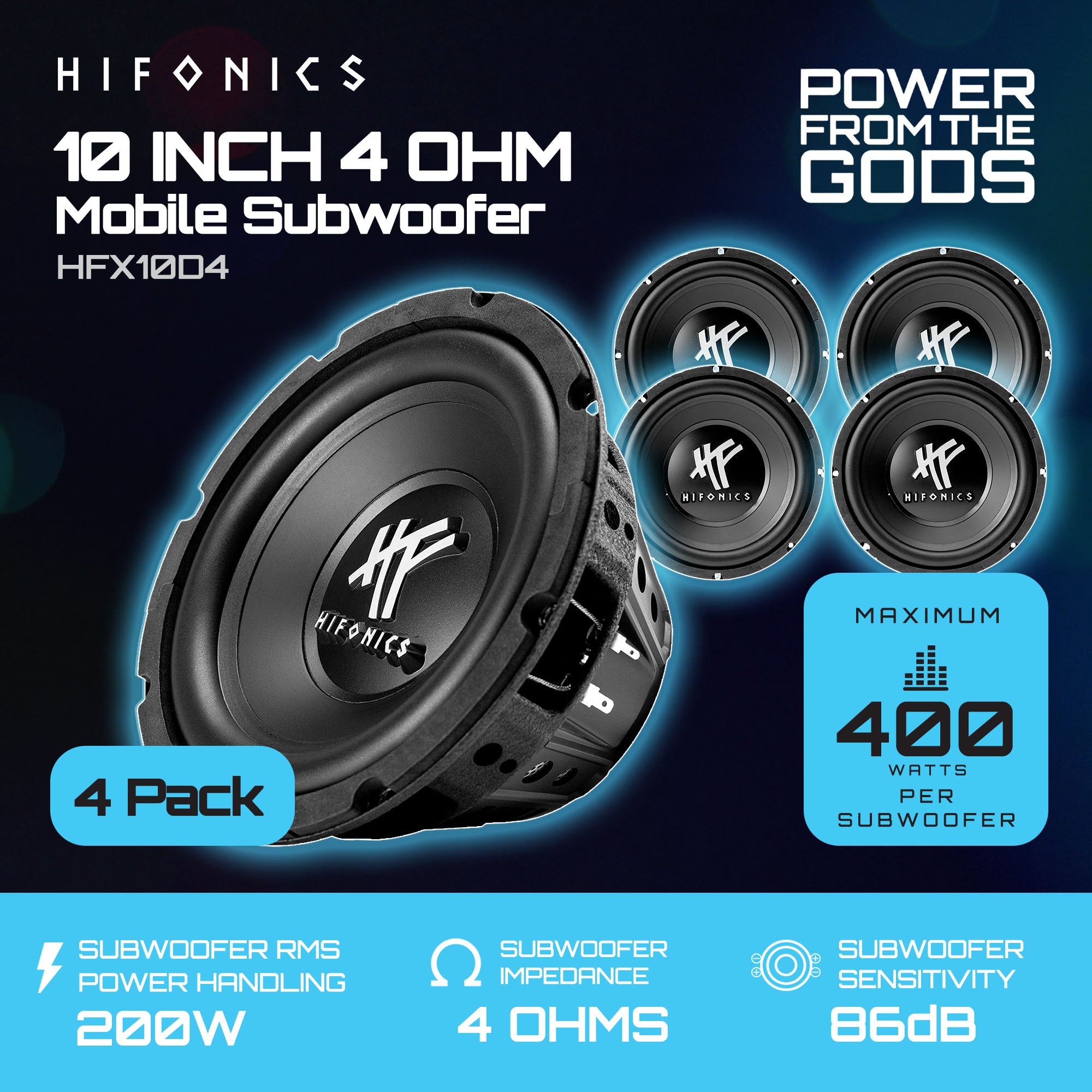 Hifonics 4 Pack 10" Subwoofer, 400 Watt Max 200W RMS Car & Powersports Speaker