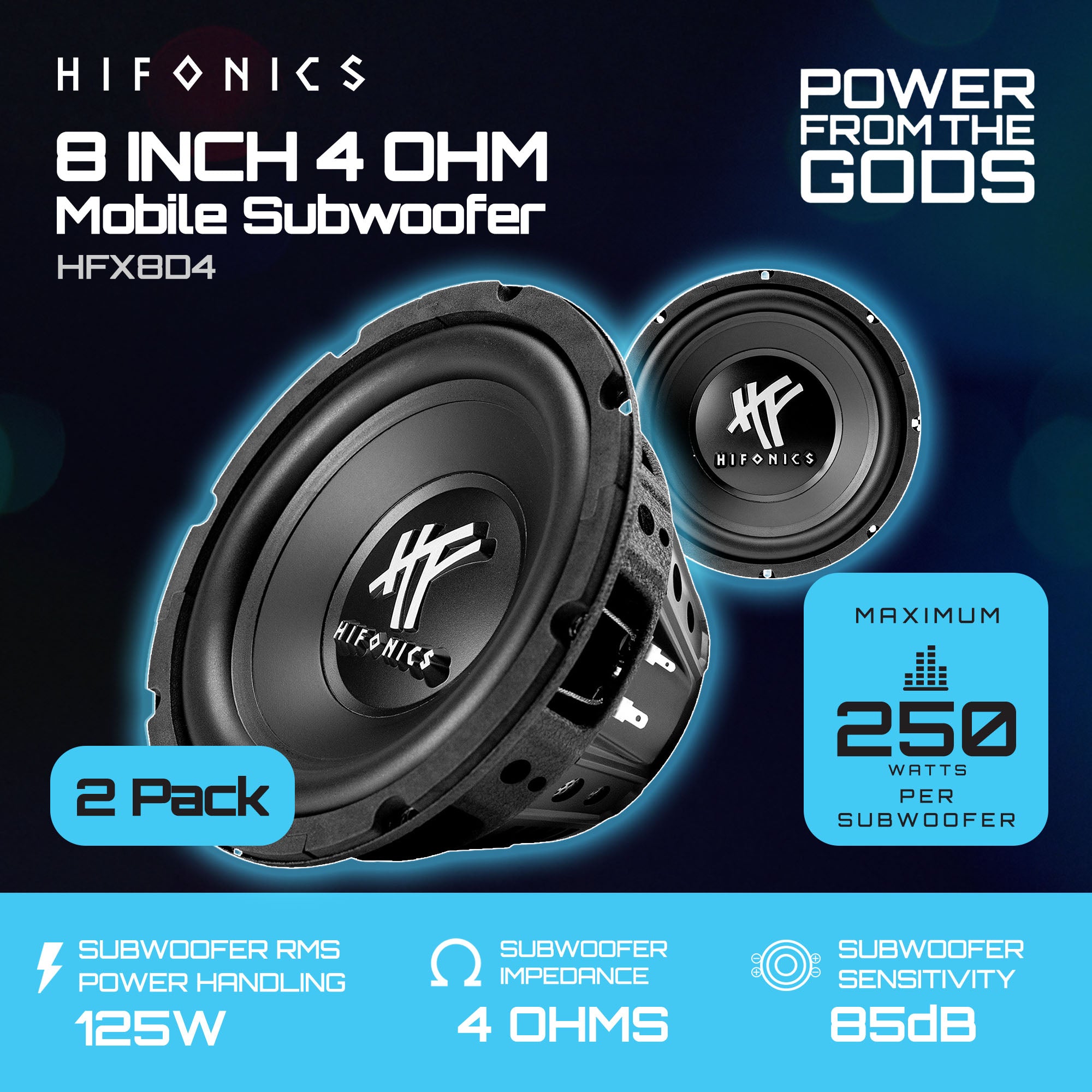 Hifonics 2 Pack 8" Subwoofer, 250W Max 125W RMS Car & Powersports Speaker, Black