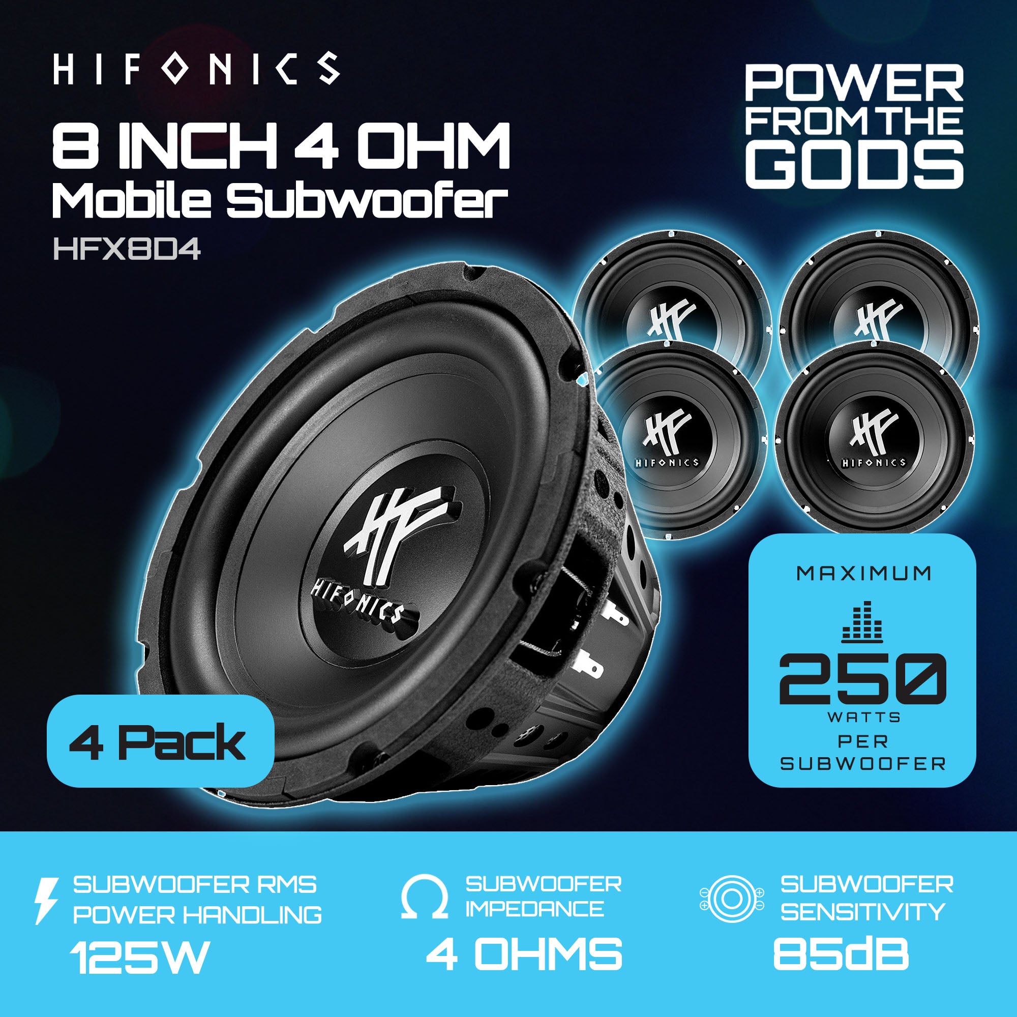 Hifonics 4 Pack 8" Subwoofer, 250W Max 125W RMS Car & Powersports Speaker, Black