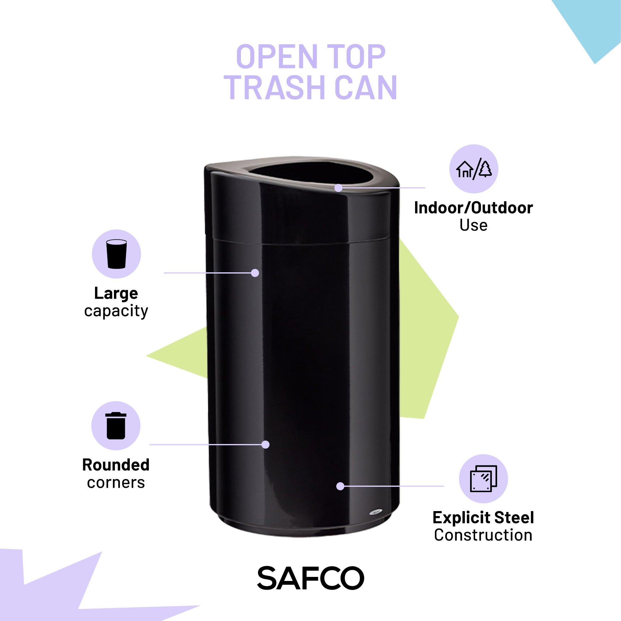 Safco Open Top Trash Can, Indoor Home 30 Gallon Waste Bin Container, Black