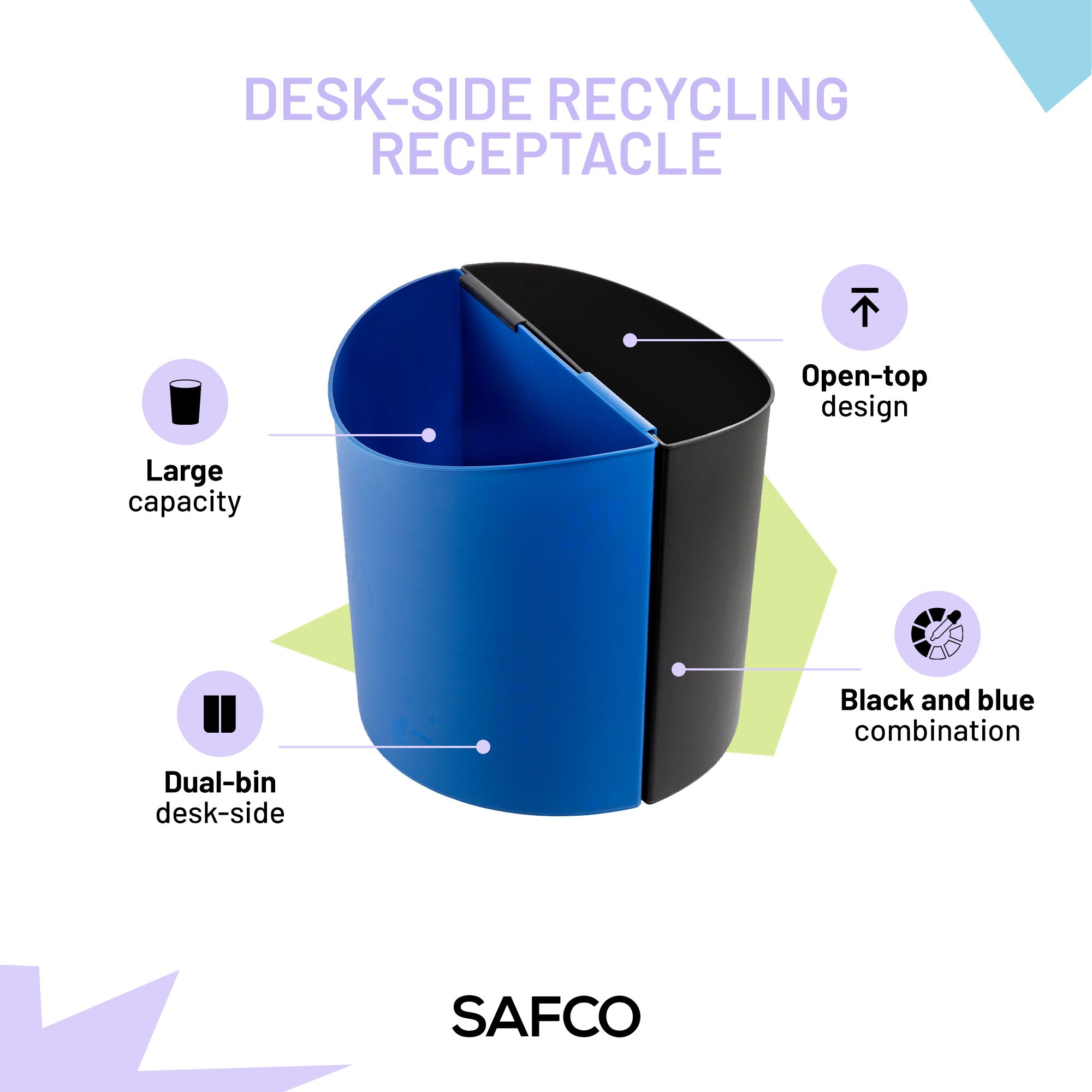Safco Desk-Side Recycling Receptacle, 15 Gallon Combined Capacity, Black & Blue