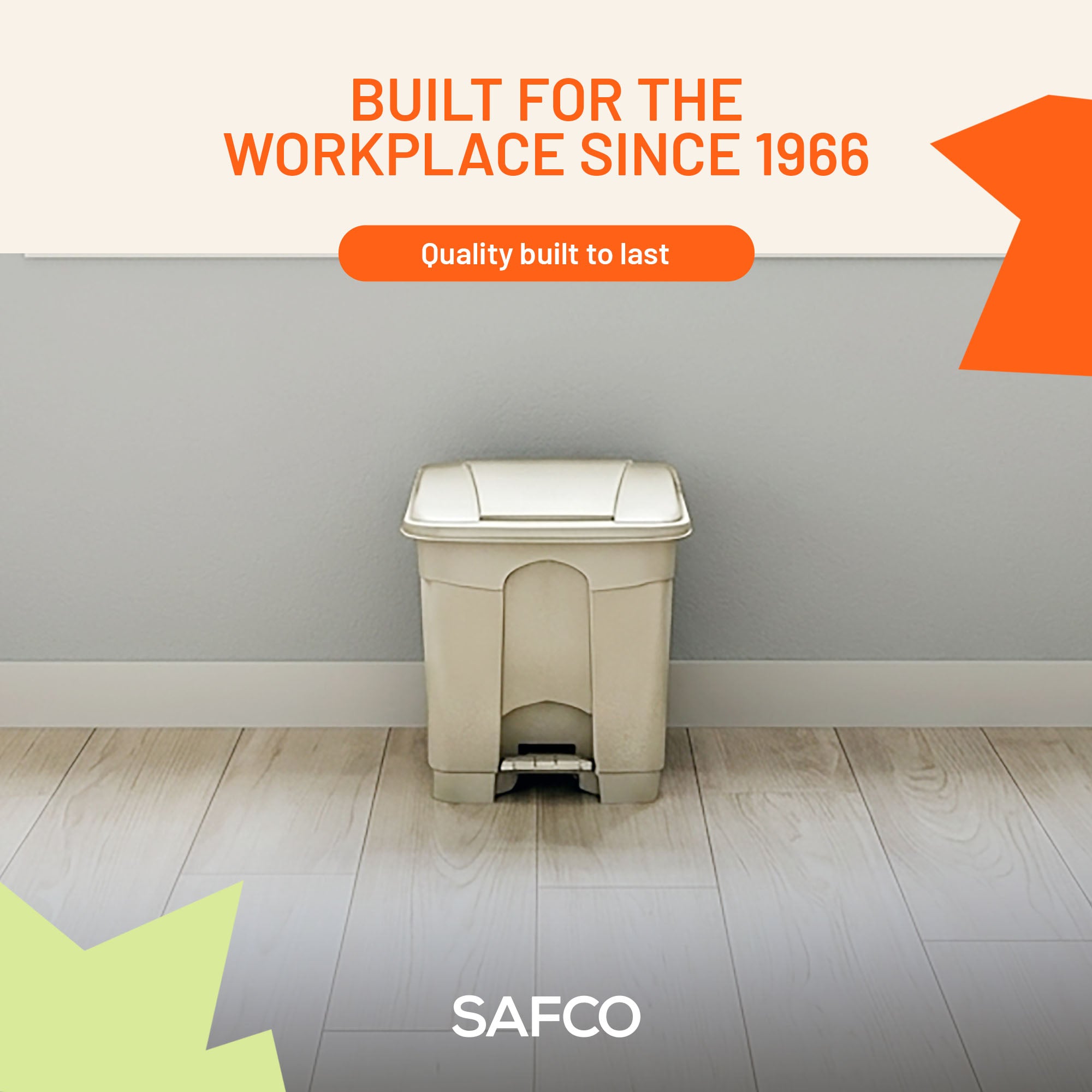 Safco Step On Trash Can with Foot Pedal, 8 Gallon Plastic Indoor Waste Bin, Tan - VMInnovations
