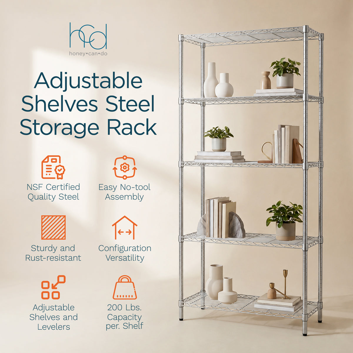 Honey-Can-Do 5-Tier Shelving Storage Rack Organizer, 200lb Shelf Capacity, Gray - VMInnovations