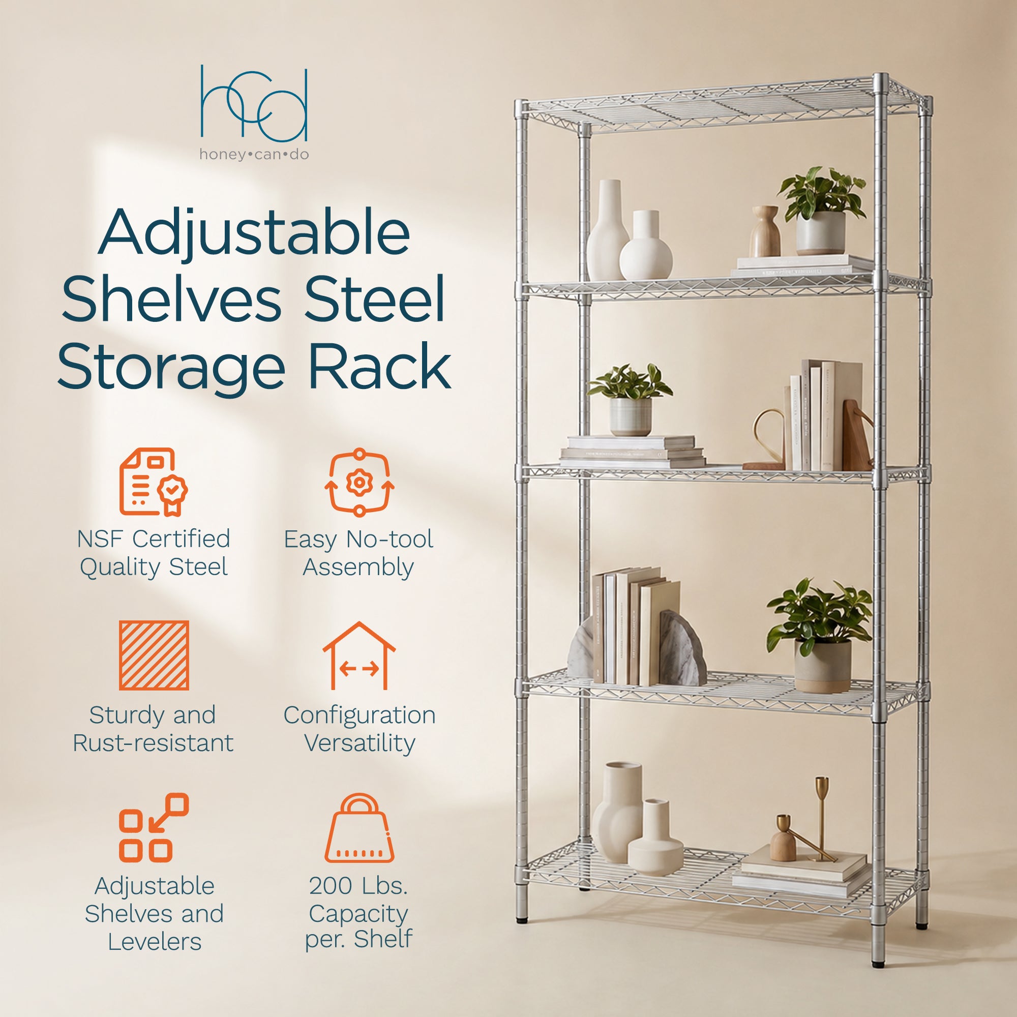 Honey-Can-Do 5-Tier Shelving Storage Rack Organizer, 200lb Shelf Capacity, Gray (Open Box)