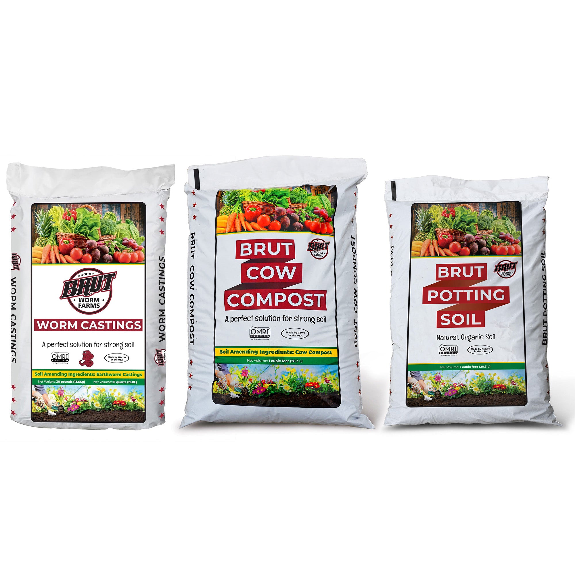 Brut Worm Farms Worm Castings Soil, Cow Compost Fertilizer & Potting Soil Bundle