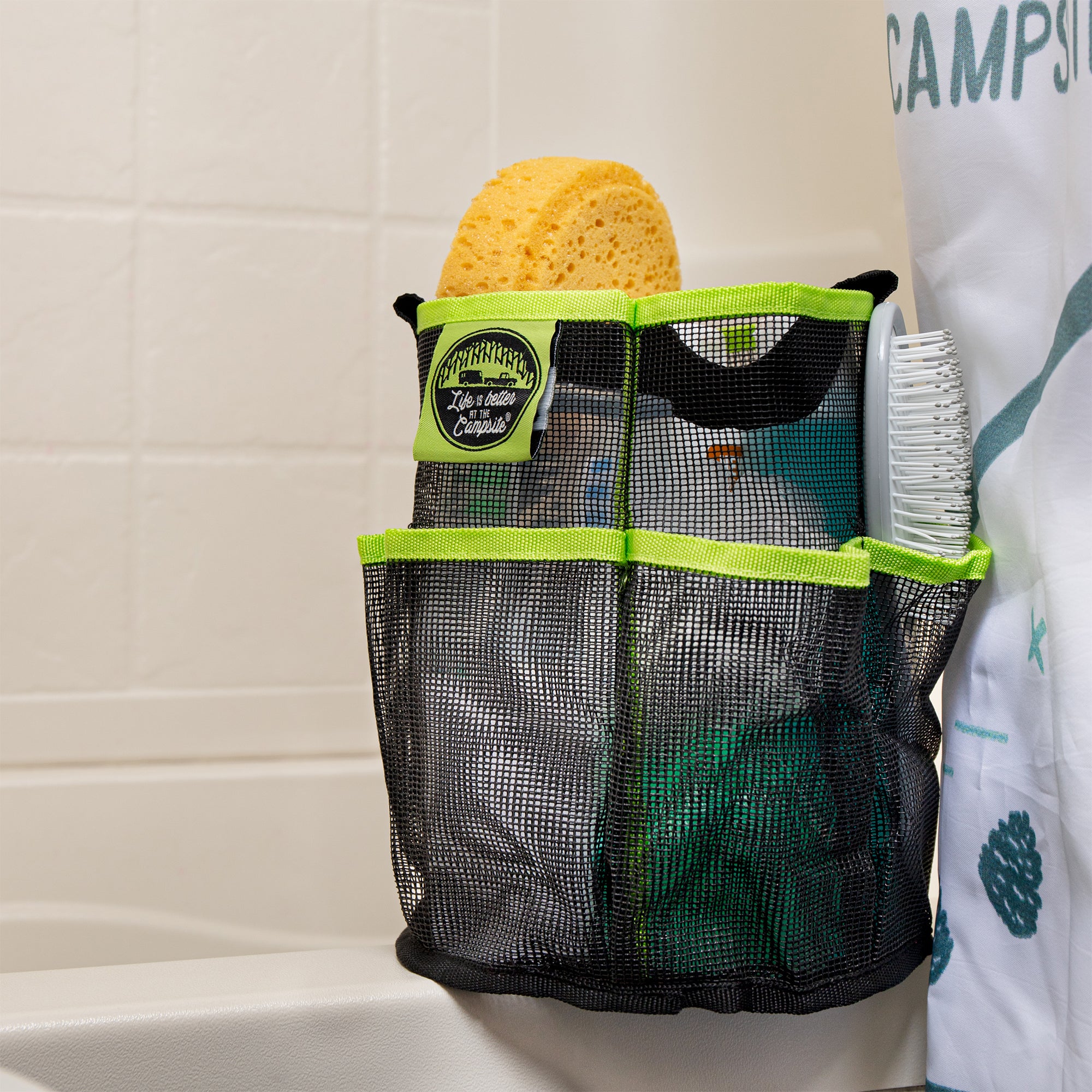 Camco Shower Caddy, Mesh Bag Bathroom Storage Accessory with Handle, Black/Green - VMInnovations