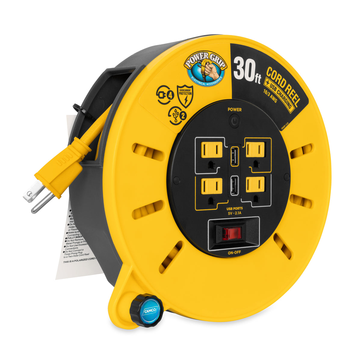 Camco 30 Foot Extension Cord Reel with 4 Electrical Outlets & 2 USB Ports, 125V - VMInnovations