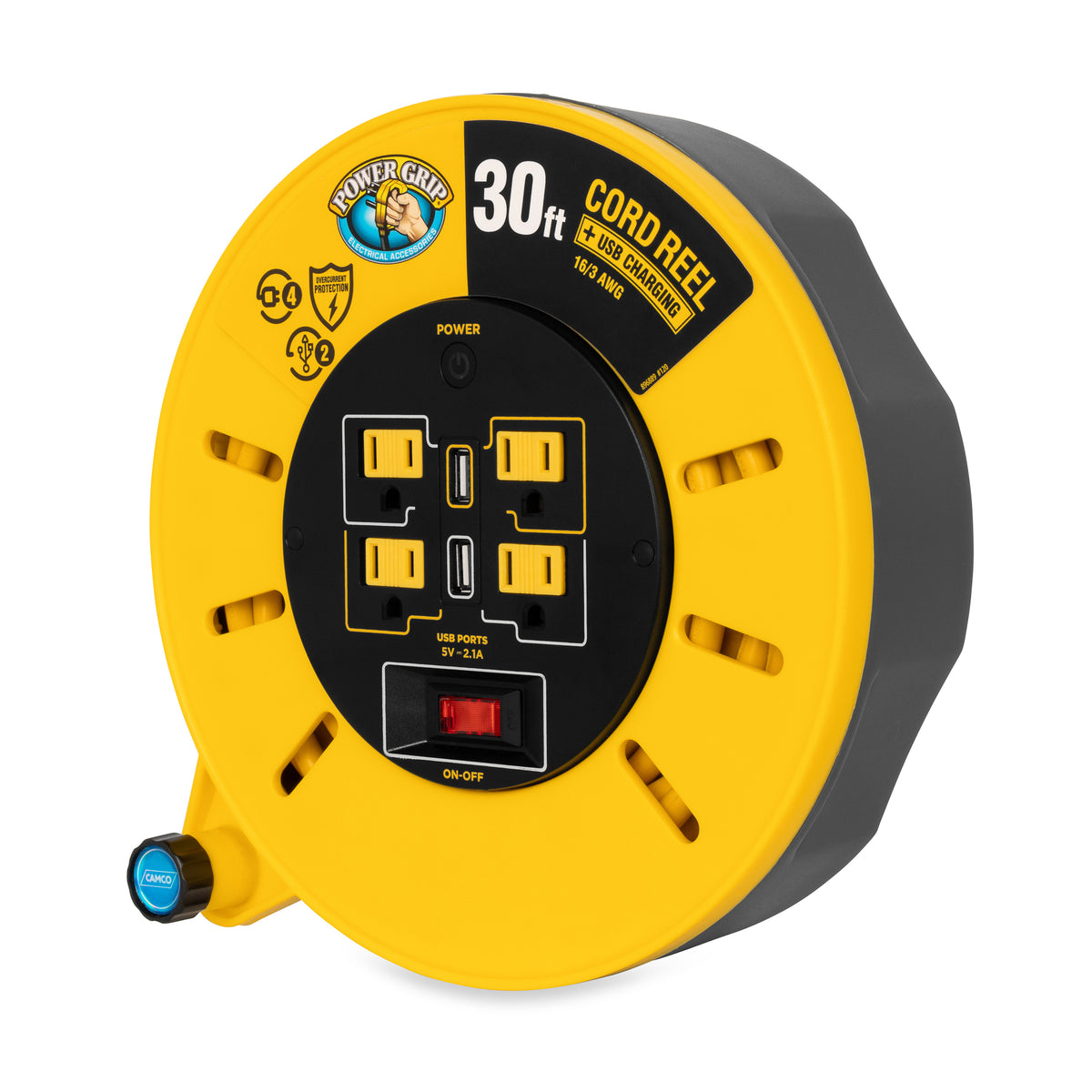 Camco 30 Foot Extension Cord Reel with 4 Electrical Outlets & 2 USB Ports, 125V - VMInnovations