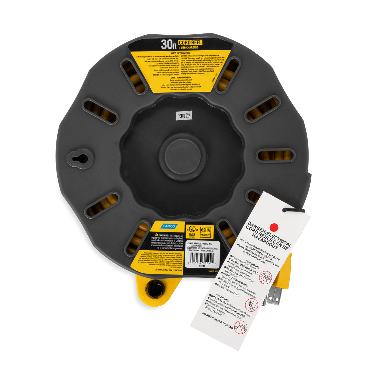 Camco 30 Foot Extension Cord Reel with 4 Electrical Outlets & 2 USB Ports, 125V