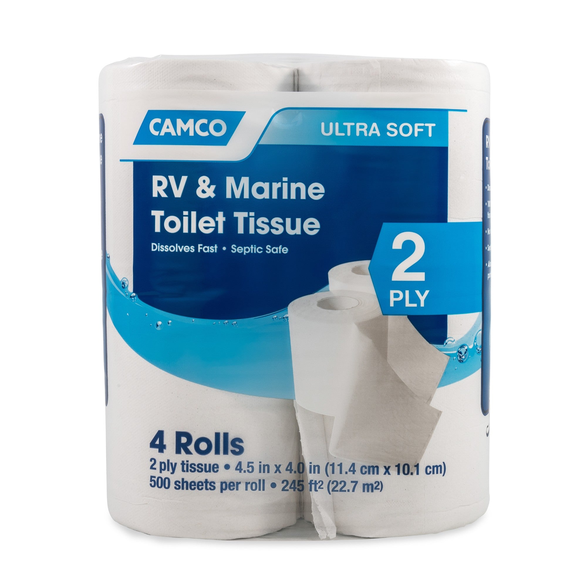 Camco TST 2-Ply Toilet Paper, 4 Individual Roll, 500 Flushable Tissue Sheets