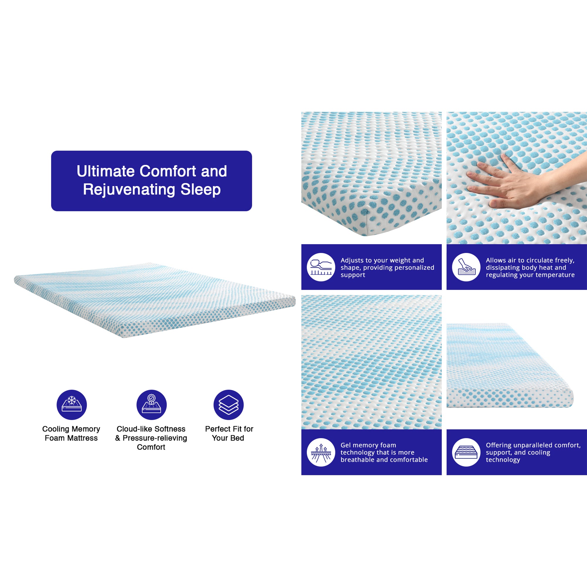 Roost Sleep Cool Cloud Supreme 3" Memory Foam Cali King Mattress Topper, Blue