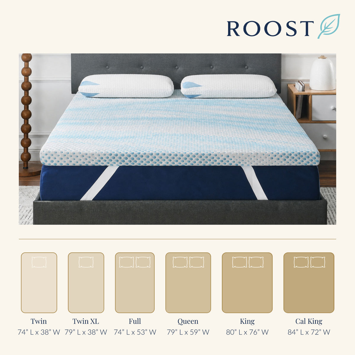 Roost Sleep Cool Cloud Supreme 3" Memory Foam Cali King Mattress Topper, Blue