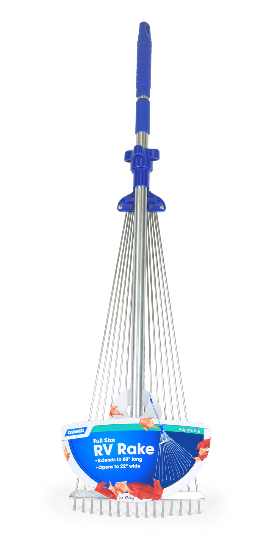 Camco Telescopic Collapsible RV Rake, Extends up to 60 Inches for Camping, Blue