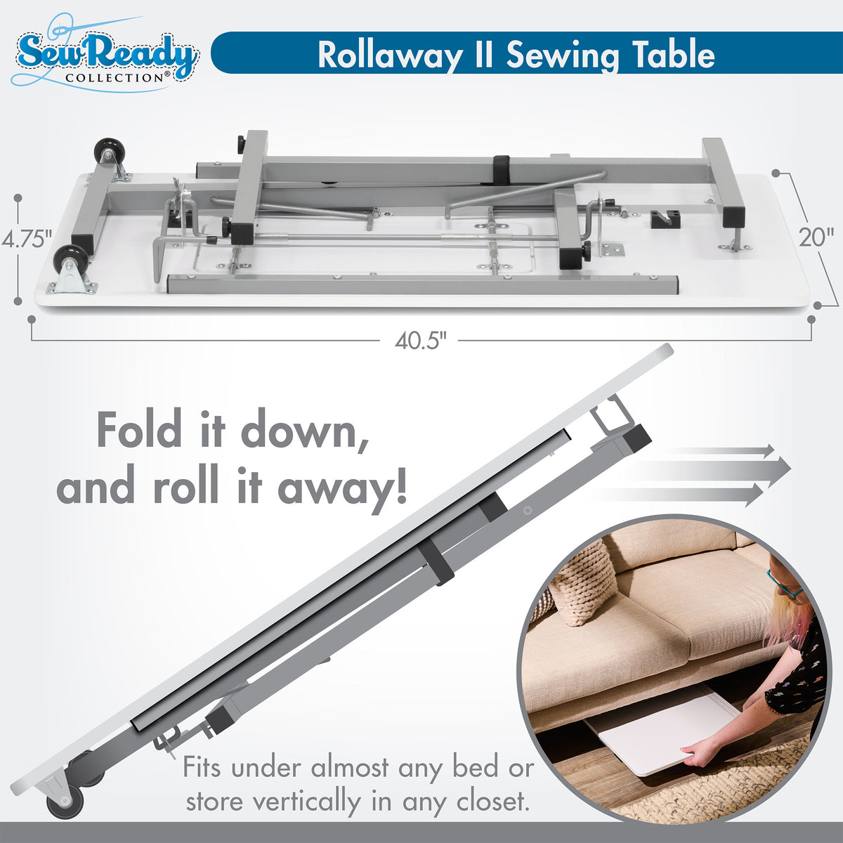 Sew Ready Portable Sewing Table with Foldable and Rollaway Design, Silver/White (Used)