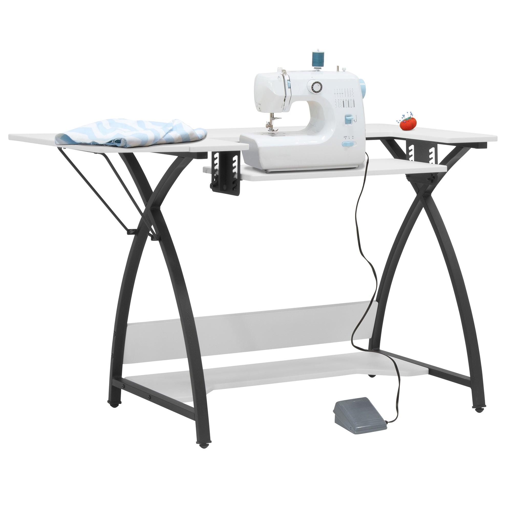 Sew Ready Comet Plus Hobby and Sewing Table with Side & Lower Shelf, Black/White - VMInnovations
