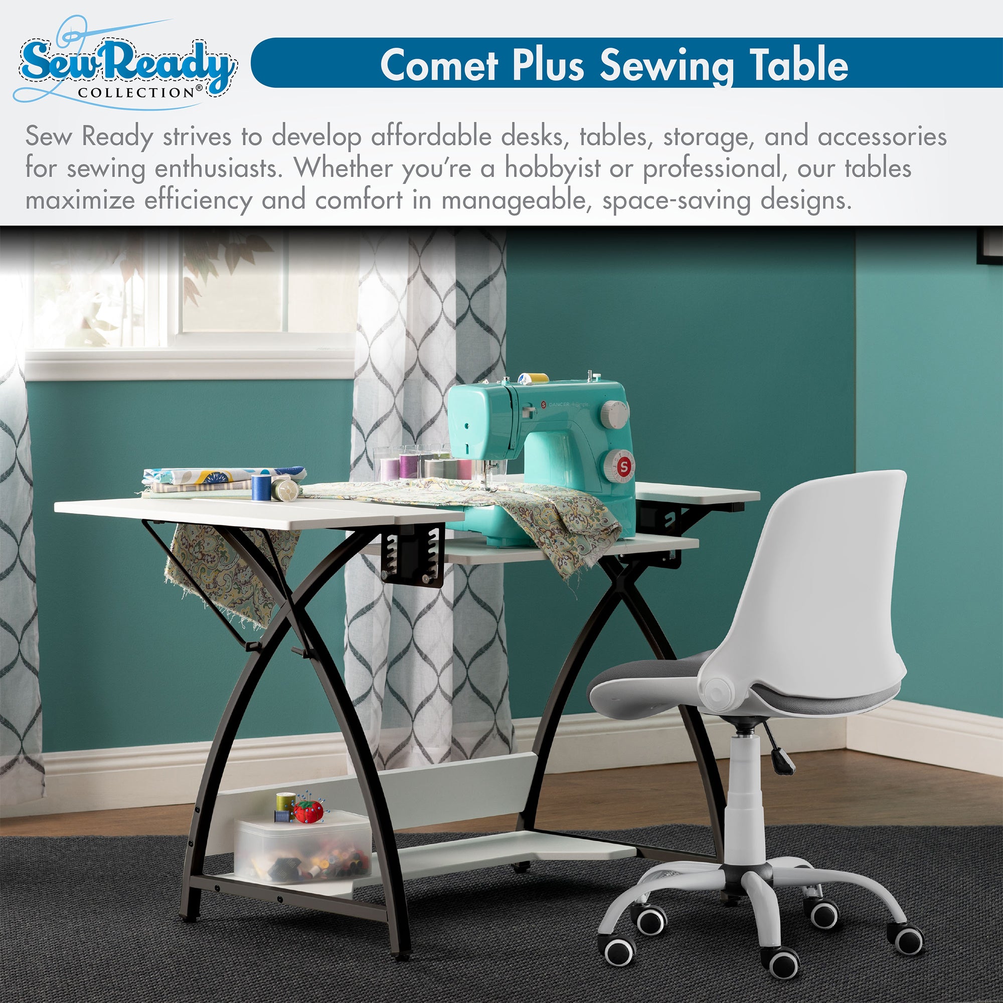 Sew Ready Comet Plus Hobby and Sewing Table with Side & Lower Shelf, Black/White - VMInnovations