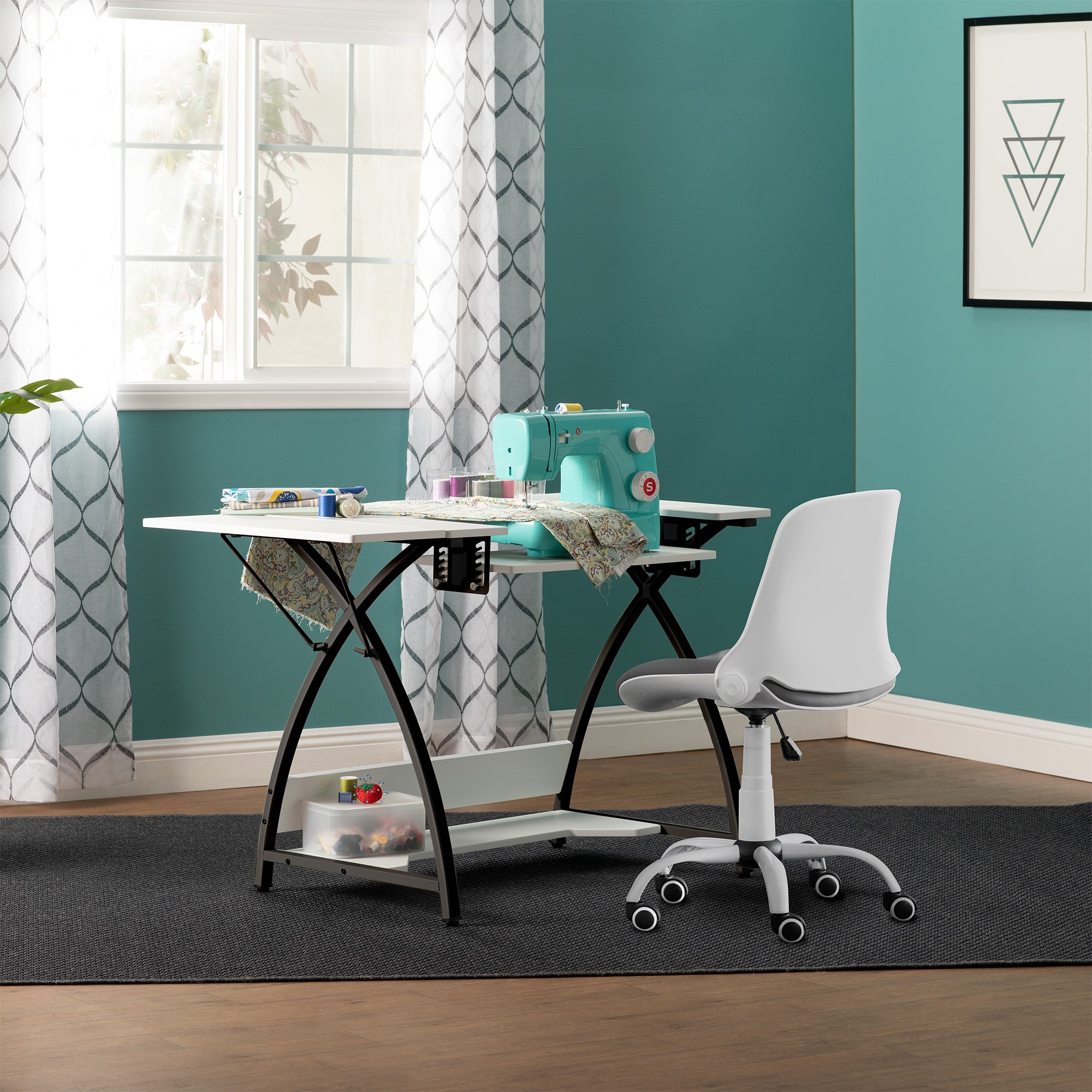 Sew Ready Comet Plus Hobby and Sewing Table with Side & Lower Shelf, Black/White - VMInnovations