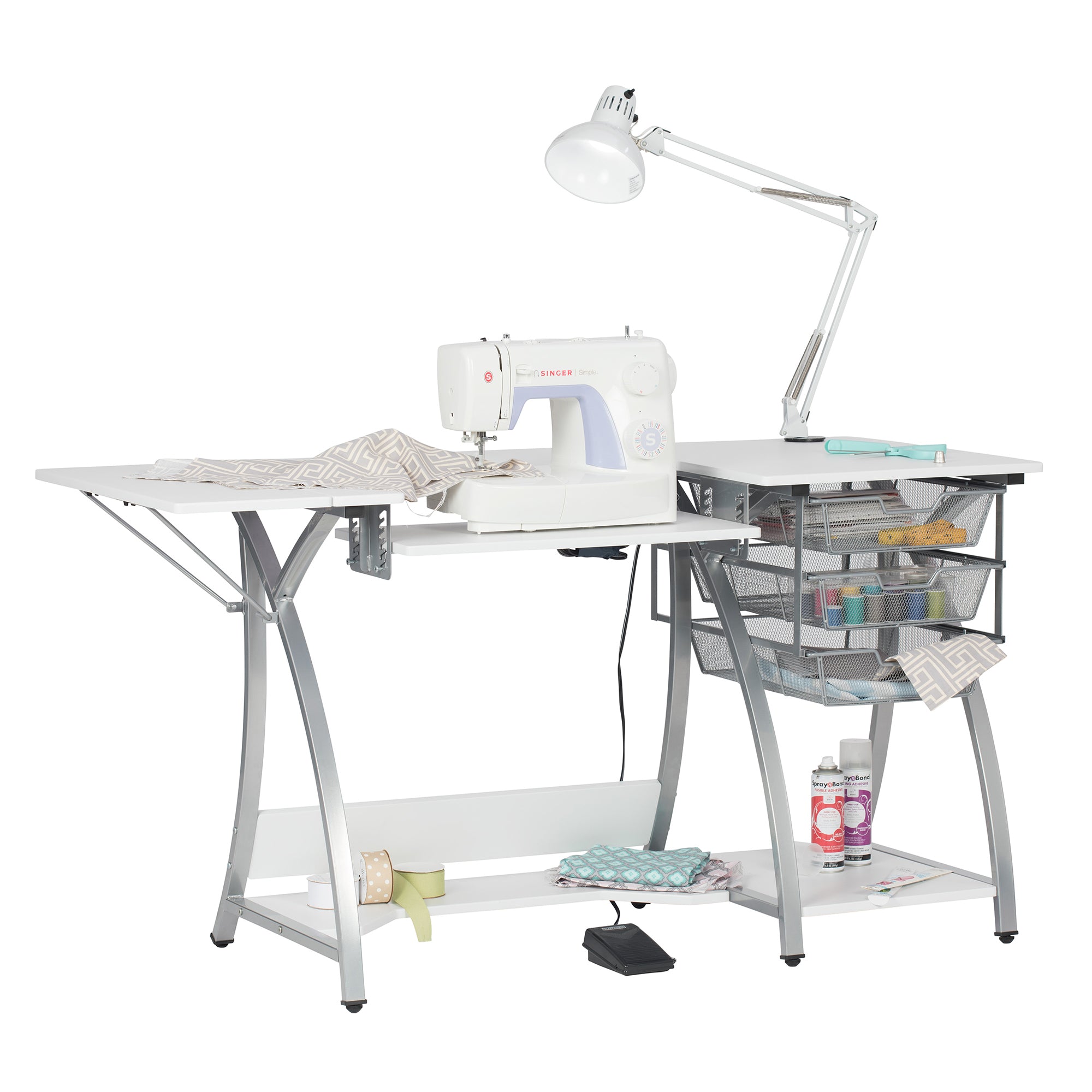 Sew Ready Pro Stitch Adjustable Sewing Machine Table with Storage Drawers, White - VMInnovations