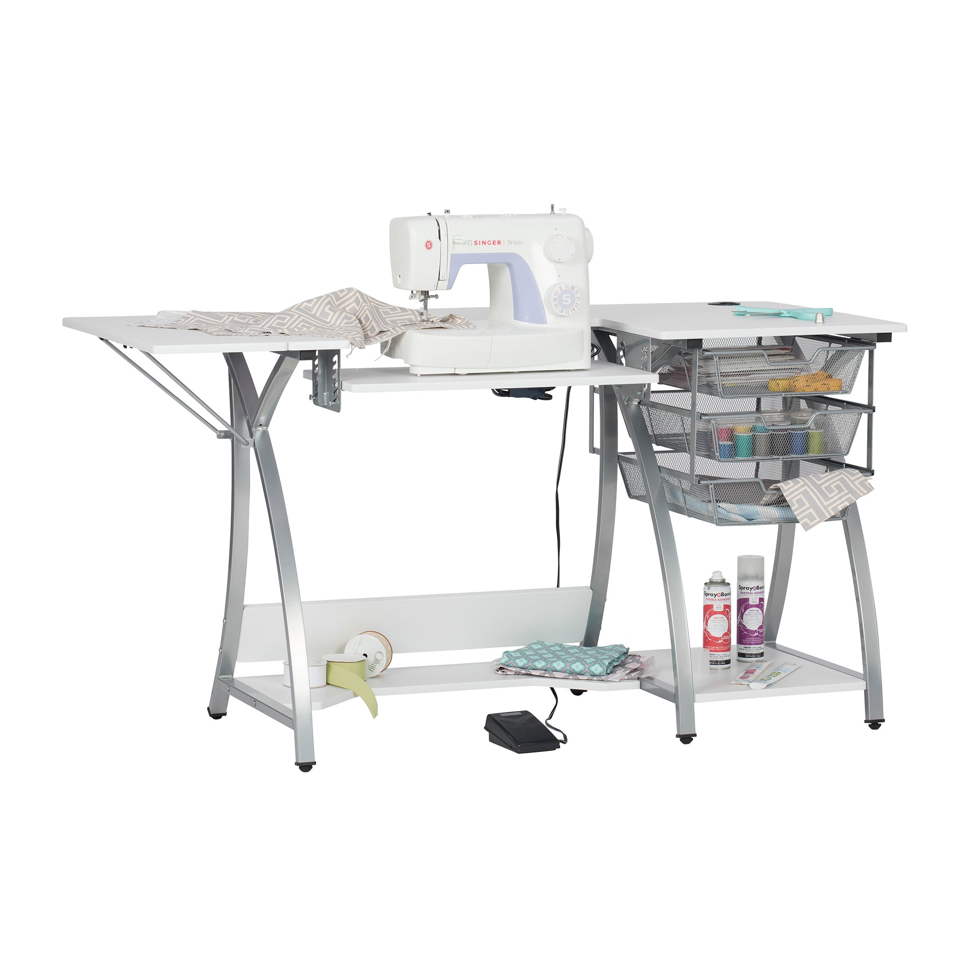 Sew Ready Pro Stitch Adjustable Sewing Machine Table with Storage Drawers, White - VMInnovations