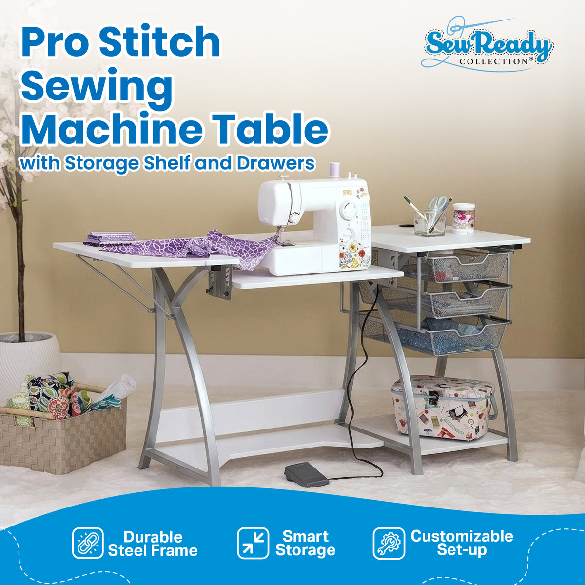 Sew Ready Pro Stitch Adjustable Sewing Machine Table with Storage Drawers, White