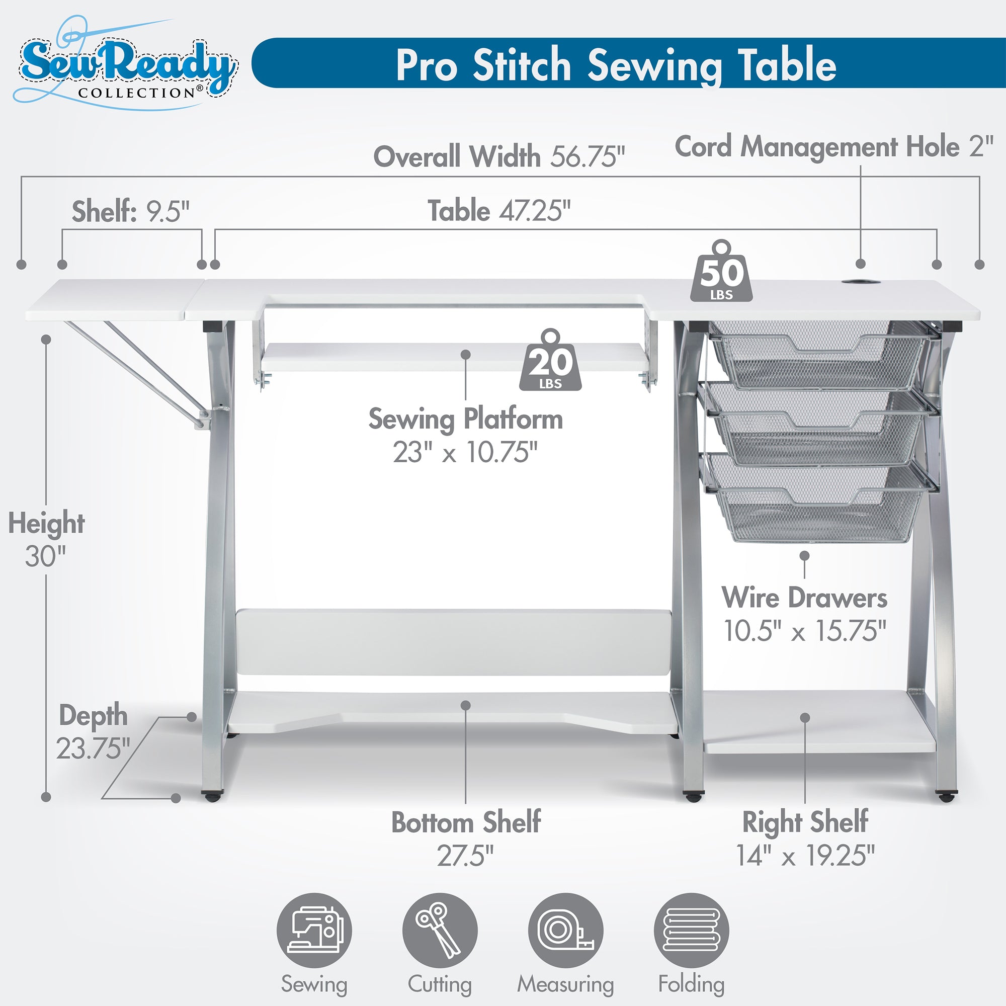 Sew Ready Pro Stitch Adjustable Sewing Machine Table with Storage Drawers, White - VMInnovations