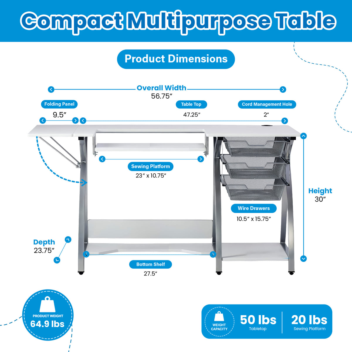 Sew Ready Pro Stitch Adjustable Sewing Machine Table with Storage Drawers, White