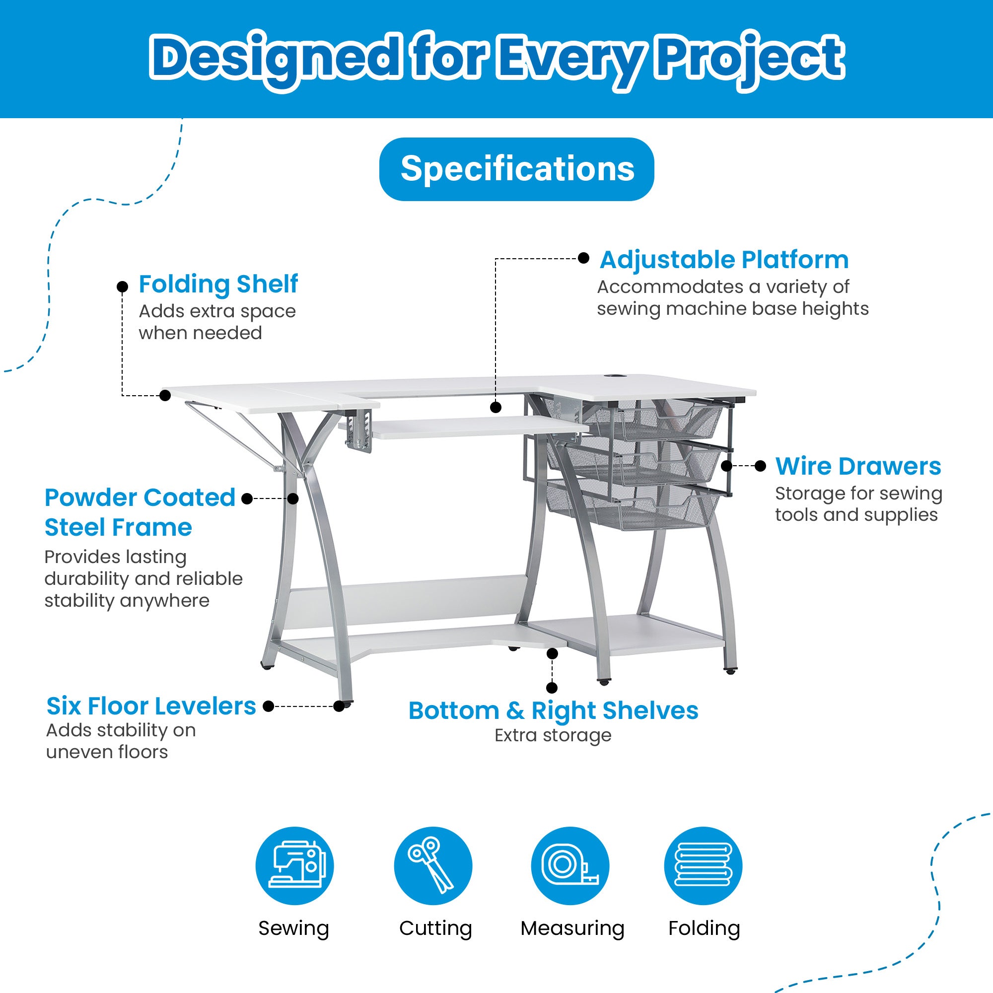 Sew Ready Pro Stitch Adjustable Sewing Machine Table with Storage Drawers, White