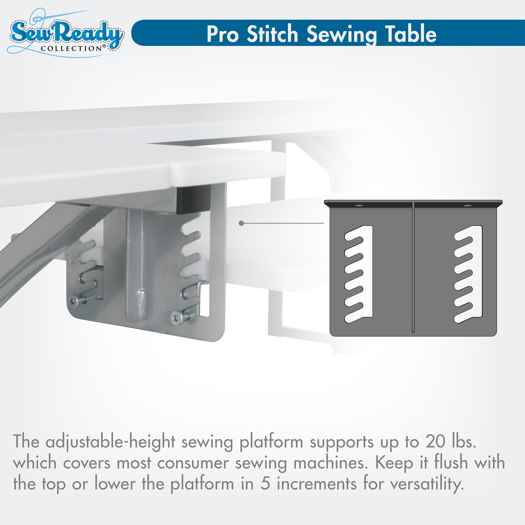 Sew Ready Pro Stitch Adjustable Sewing Machine Table with Storage Drawers, White - VMInnovations