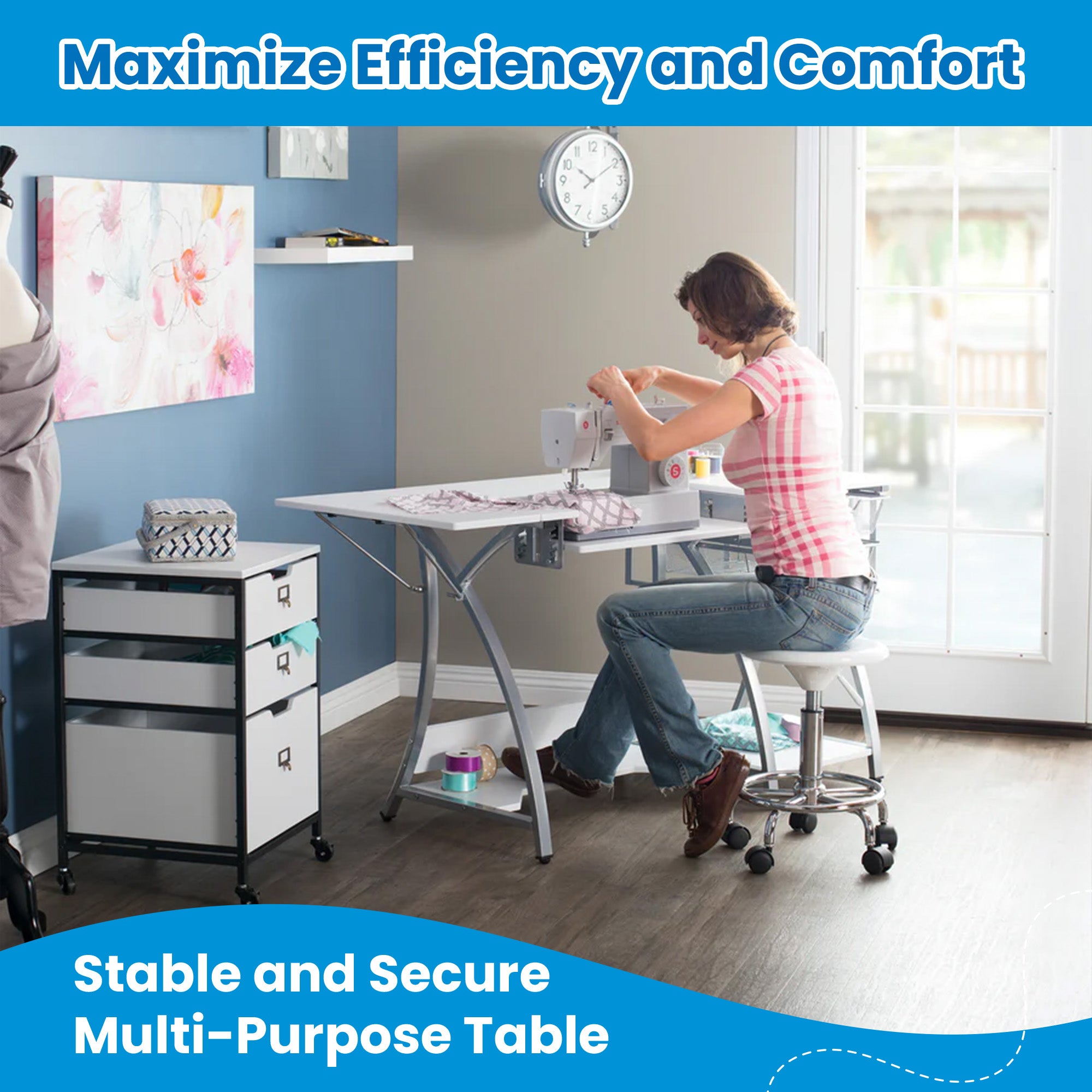 Sew Ready Pro Stitch Adjustable Sewing Machine Table with Storage Drawers, White