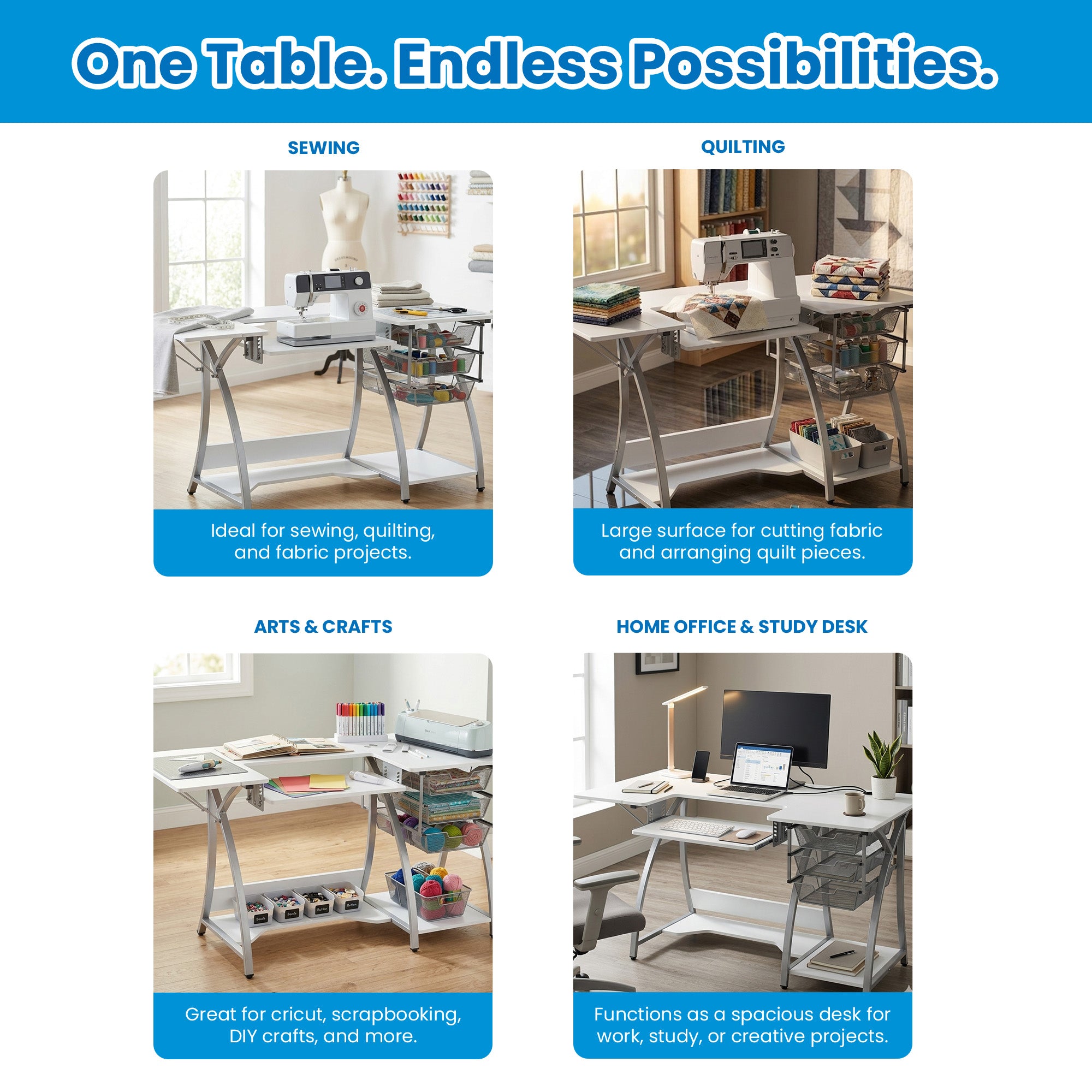 Sew Ready Pro Stitch Adjustable Sewing Machine Table with Storage Drawers, White