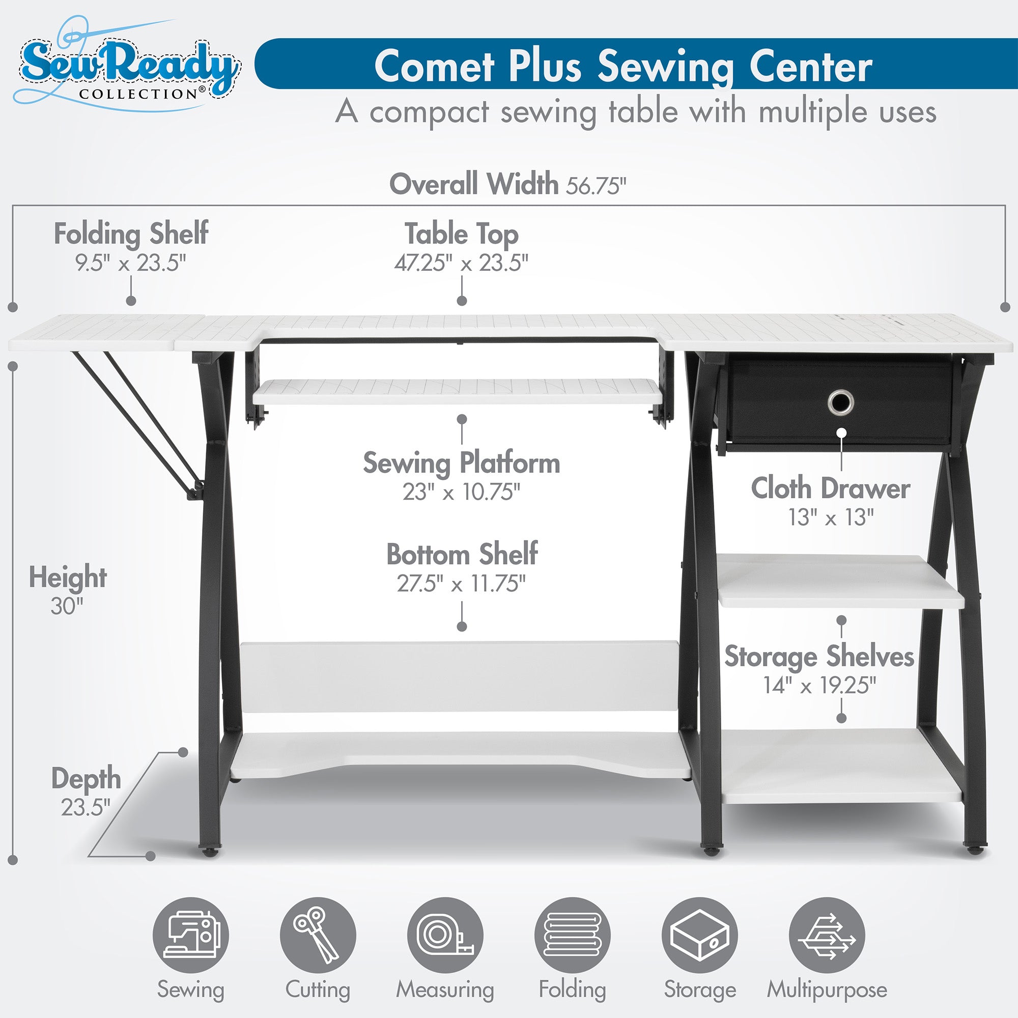 Sew Ready Comet Plus Craft Sewing Table with Accurate Fabric Cutting Grid-Top (Open Box)